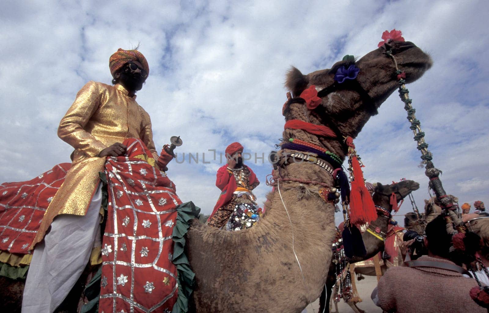 a camel herder in traditional Rajasthani dress at the Bikaner Camel Festival in the Town of Bikaner in the Province of Rajasthan in India.  India, Bikaner, January, 1998