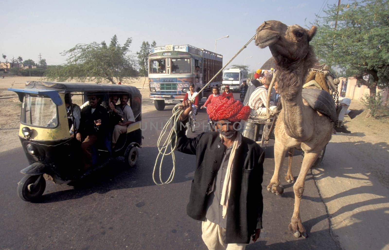 a Farmer with his Camel on a road in the Town of Bikaner in the Province of Rajasthan in India.  India, Jaisalmer, January, 1998