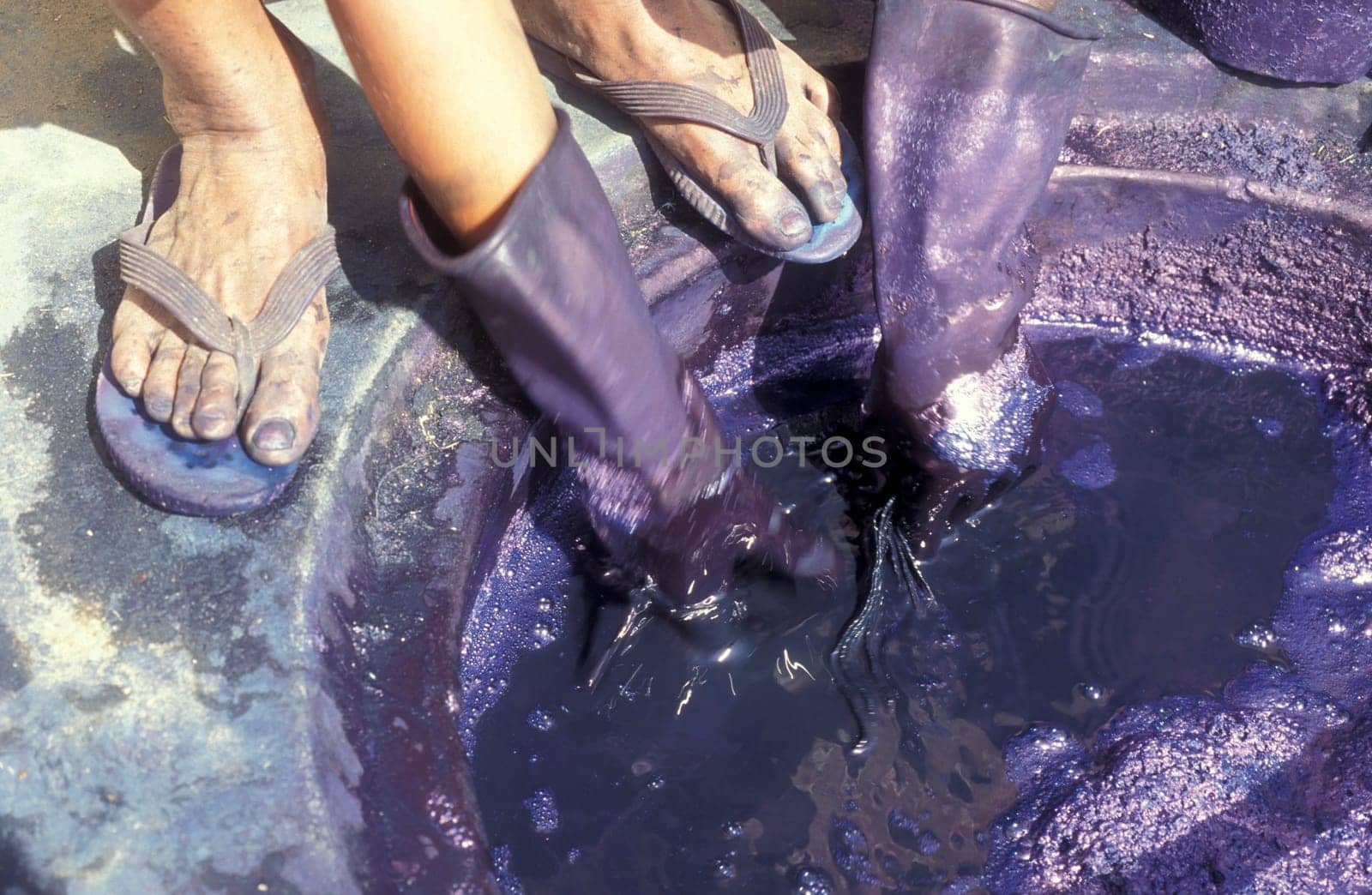 Working People in a textile coloring and dryeing Factory in the City of Jaipur in the Province of Rajasthan in India.  India, Jaipur, January, 1998