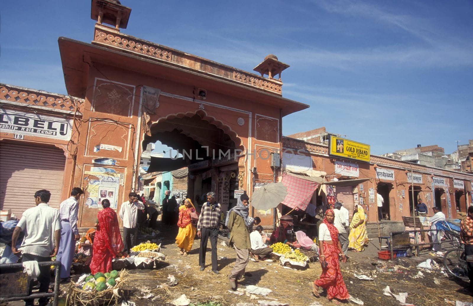 a food market street in the City of Jaipur in the Province of Rajasthan in India.  India, Jaipur, January, 1998