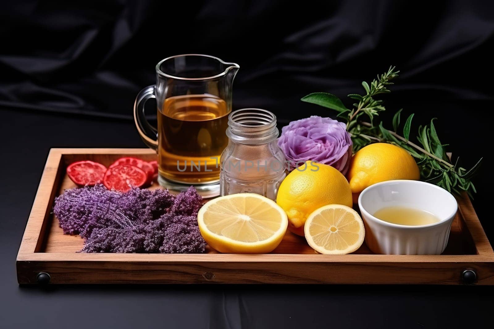 A wooden tray holds a pitcher of juice, lemons, a jar, herbs, and flowers, evoking freshness and natural ingredients for beverages or cooking.
