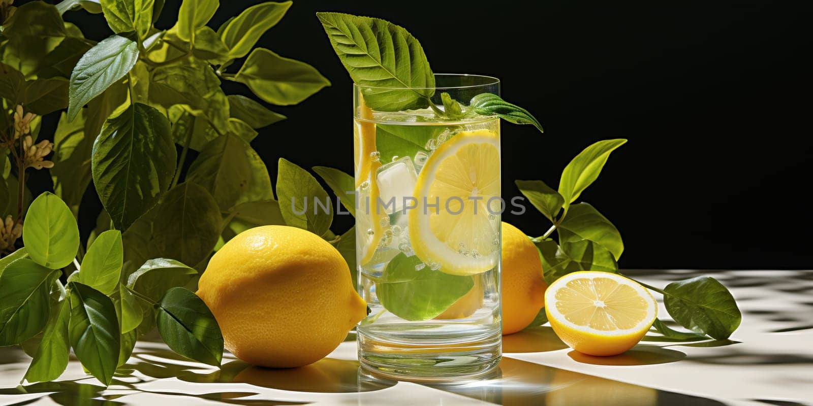 Refreshing lemonade with ice, mint, and fresh lemons. Summer beverage on a marble table.