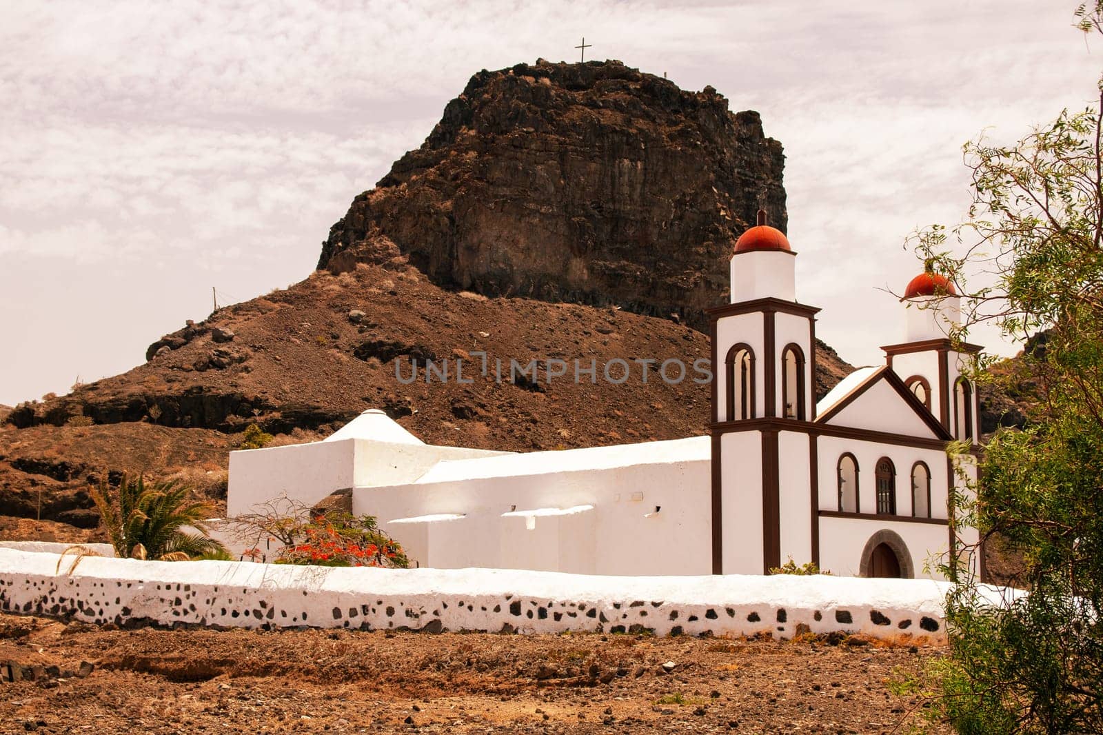View of the chapel of our Lady of the snows ‘Ermita Nuestra Señora de las Nieves’, a popular photo motif in Puerto de las Nieves, Las Palmas, Gran Canaria, Spain.
