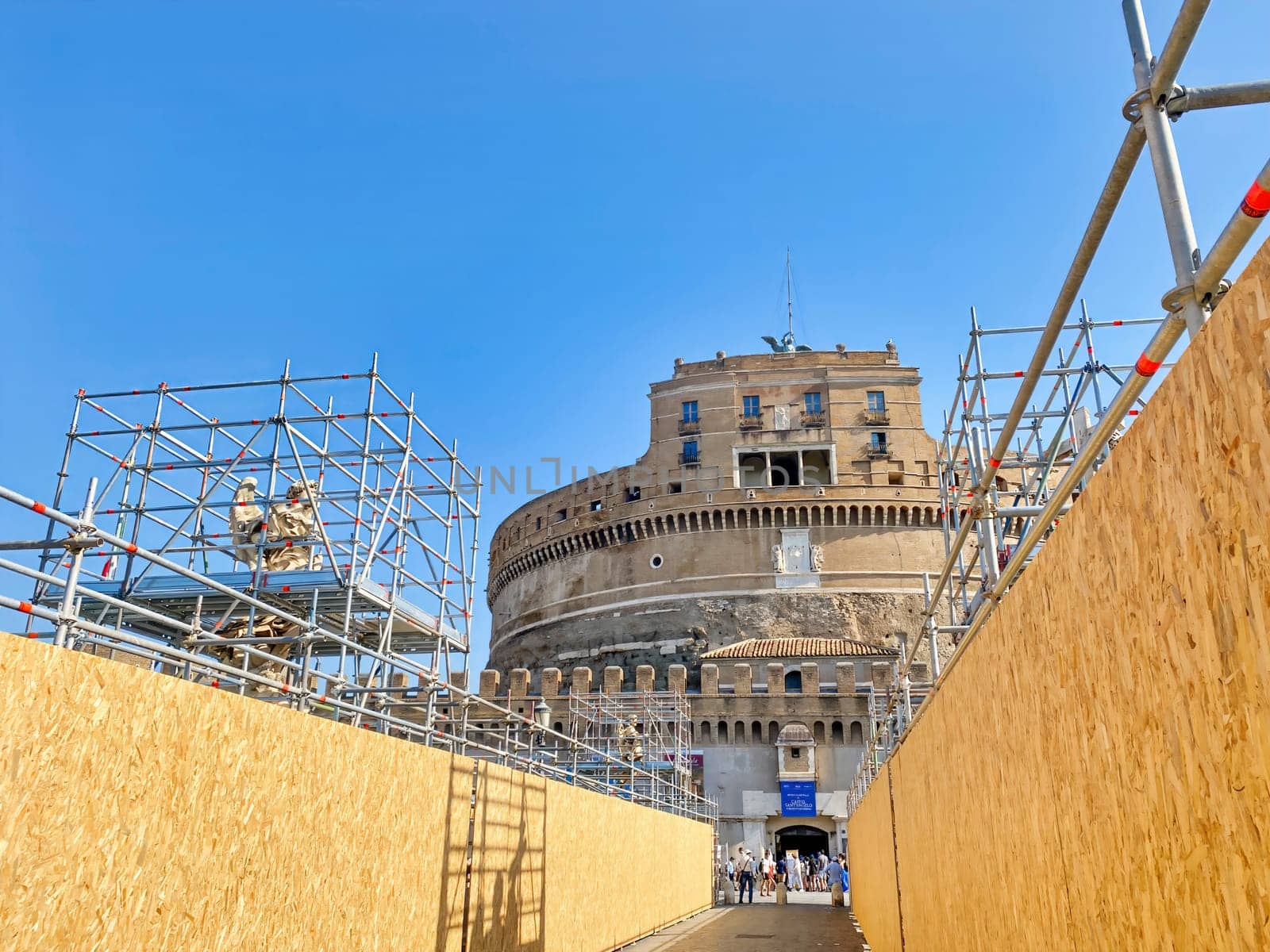 Rome, IT, Sep. 12 2024  Restoration work in progress on the angel statues of Ponte Sant'Angelo near Castel Sant'Angelo in Rome. The restoration is part of preparations for the Jubilee 2025.