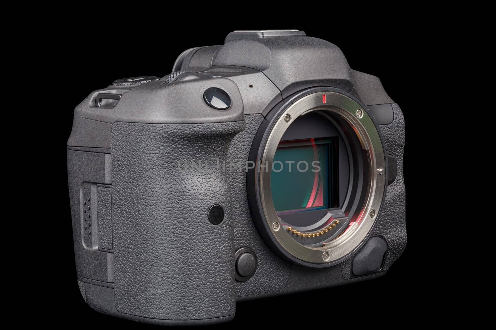 black 2020s professional 35mm full-frame mirrorless camera body with flip screen isolated on black background.