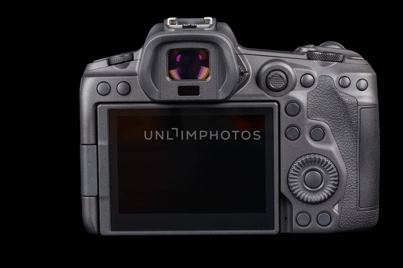 black 2020s professional 35mm full-frame mirrorless camera body with flip screen isolated on black background.