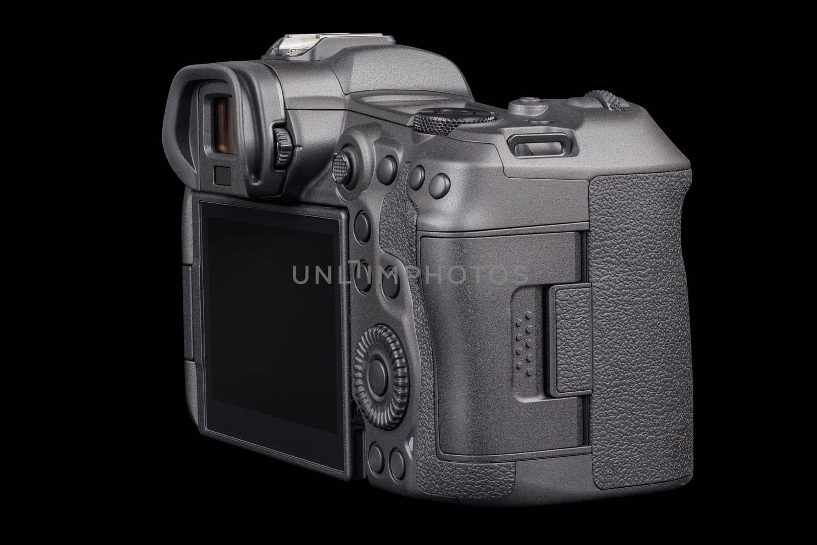 black 2020s professional 35mm full-frame mirrorless camera body with flip screen isolated on black background.