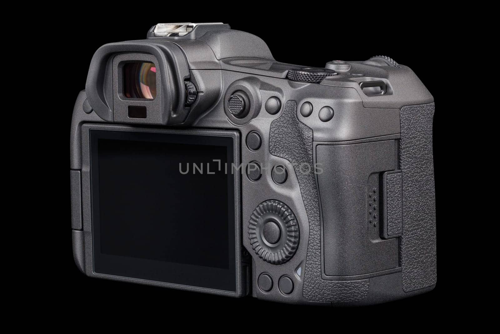black 2020s professional 35mm full-frame mirrorless camera body with flip screen isolated on black background.