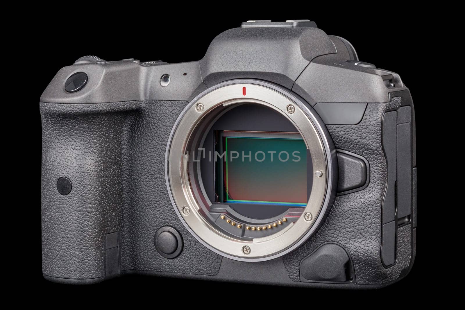 black 2020s professional 35mm full-frame mirrorless camera body with flip screen isolated on black background.