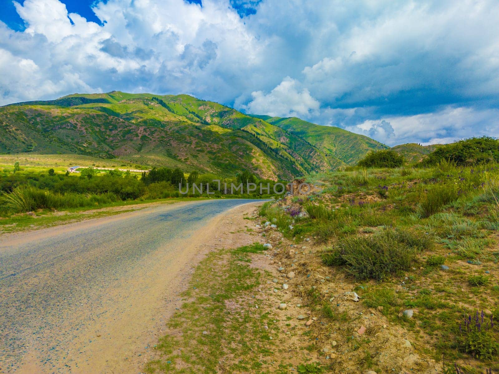 empty road to mountains at sunny summer day in Kyrgyzstan