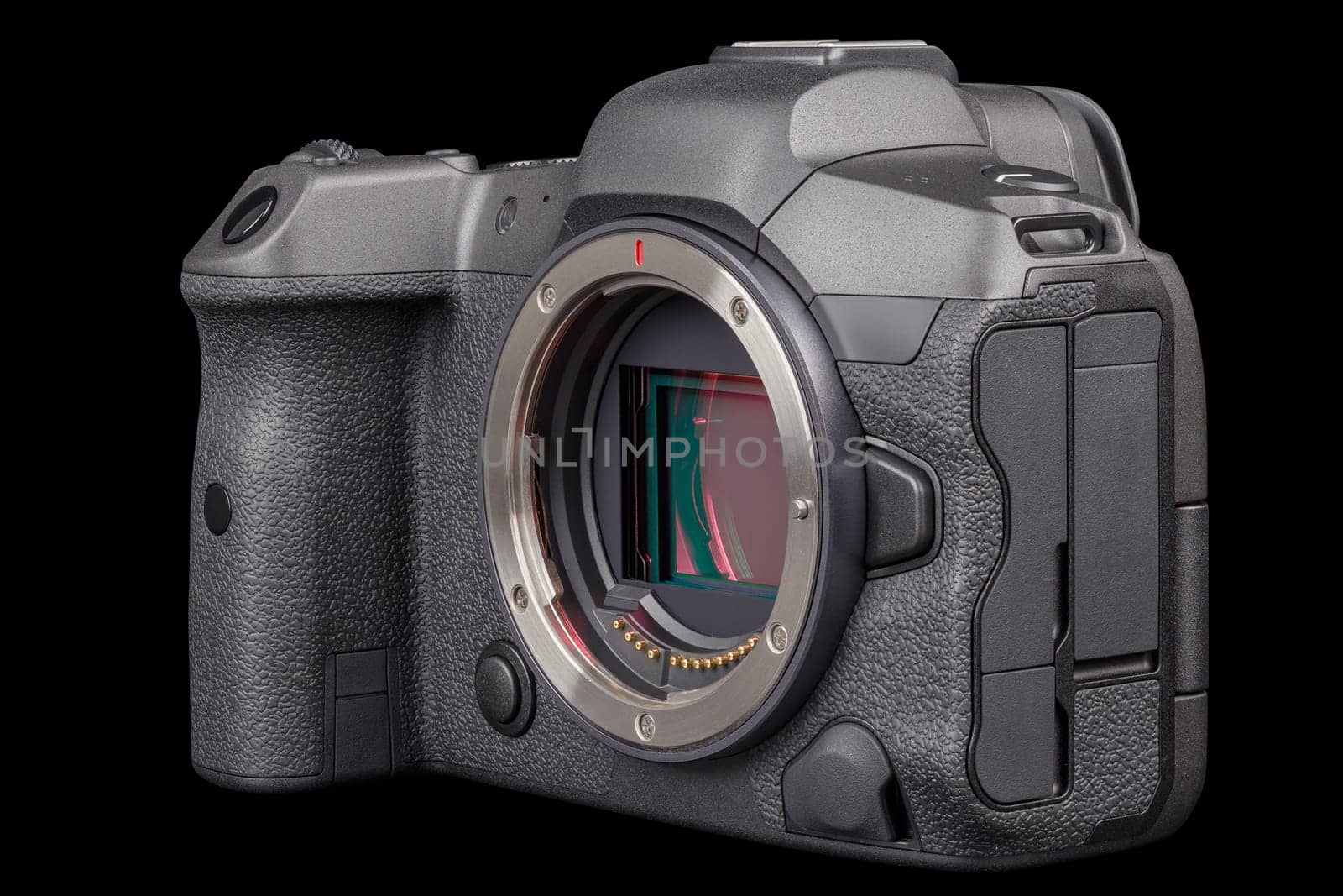 black 2020s professional 35mm full-frame mirrorless camera body with flip screen isolated on black background.