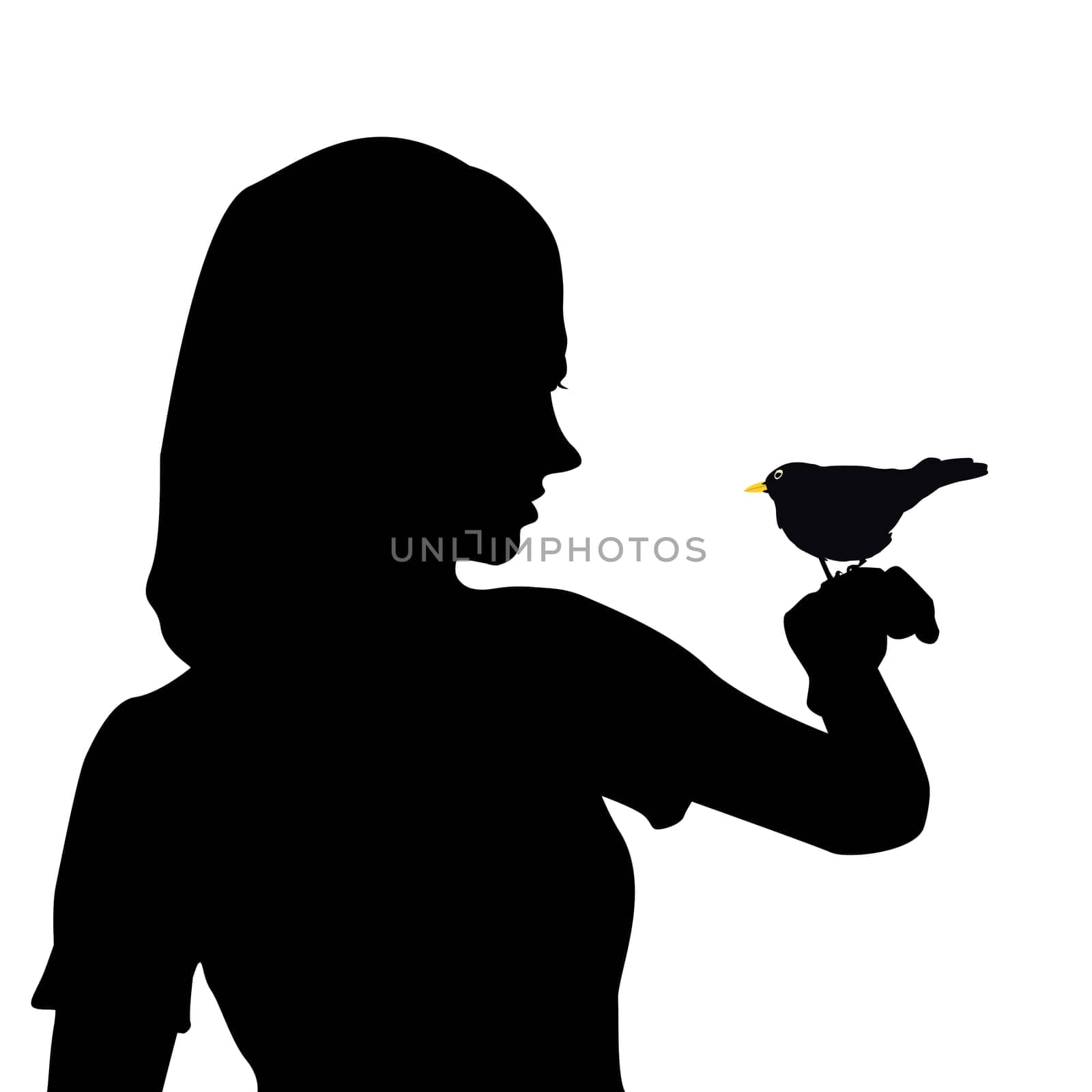 Beautiful young woman with a blackbird on her hand