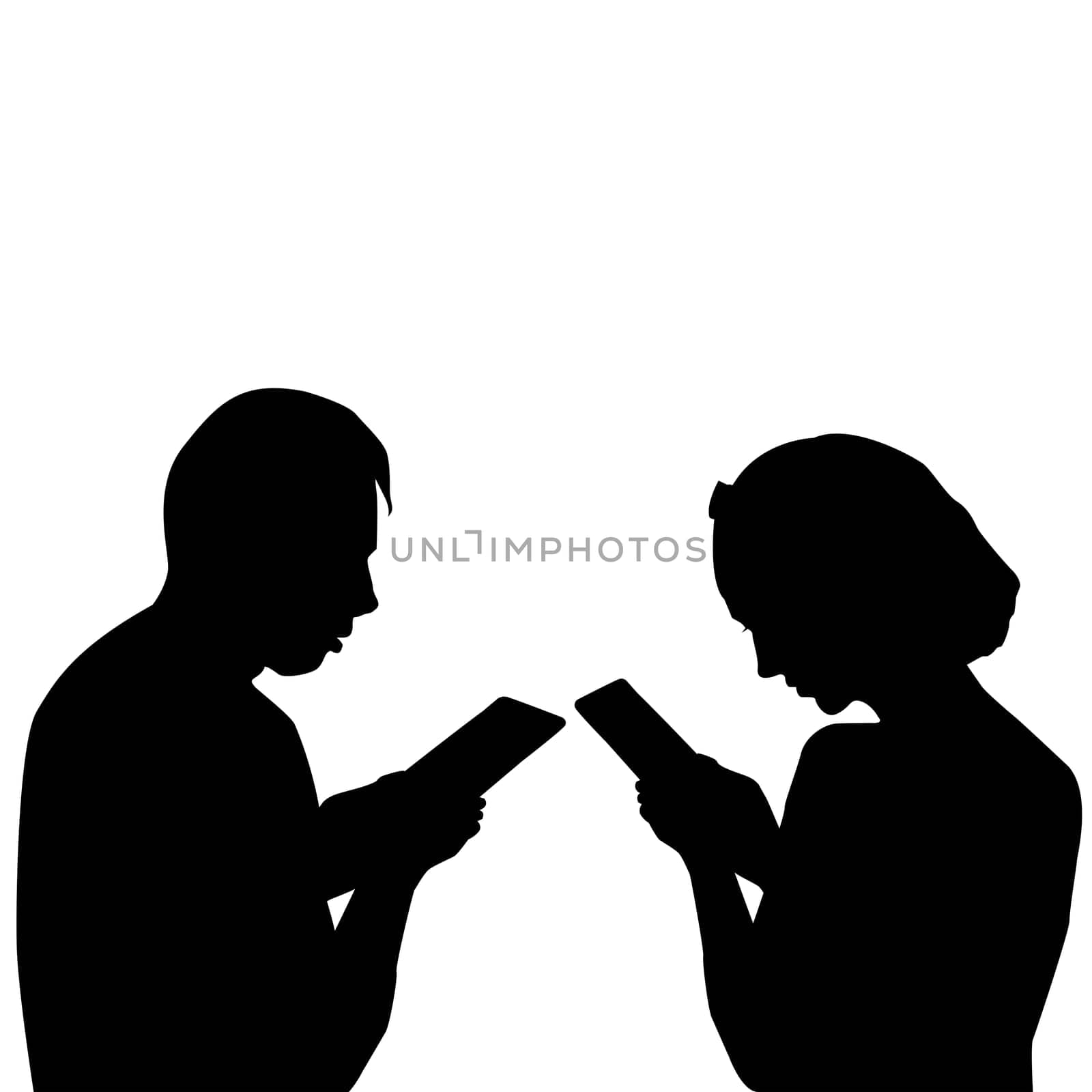 Couple using mobile cell phones together