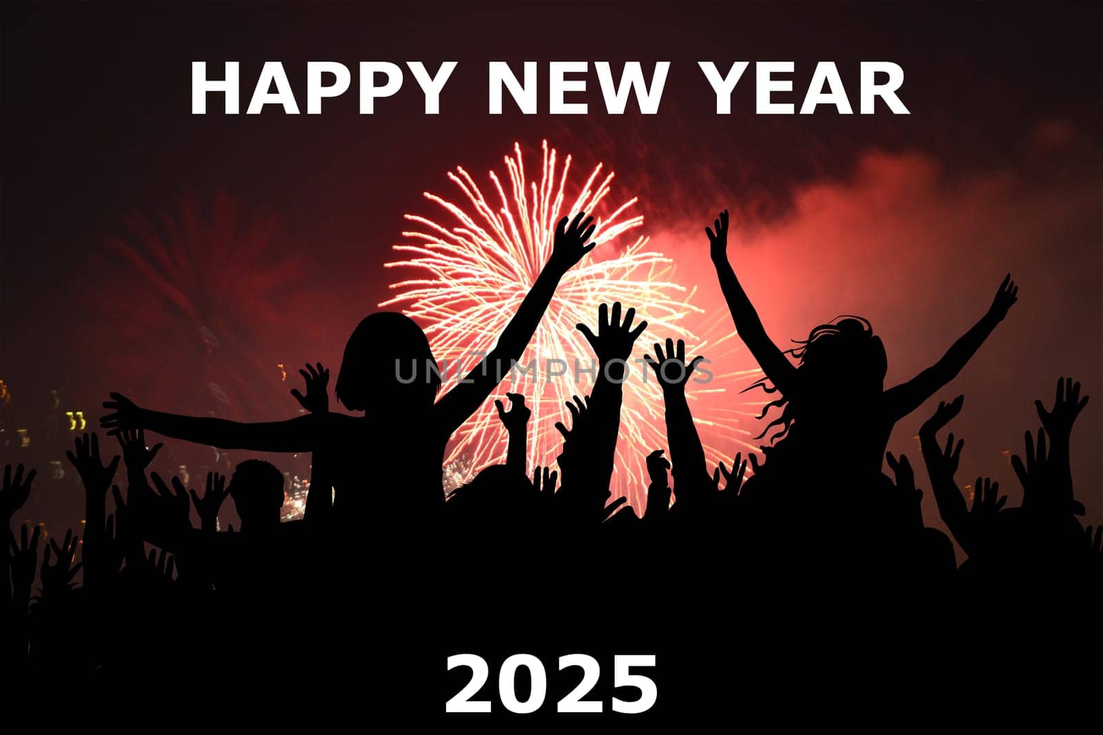 Happy new year illustration with silhouettes of happy people and fireworks