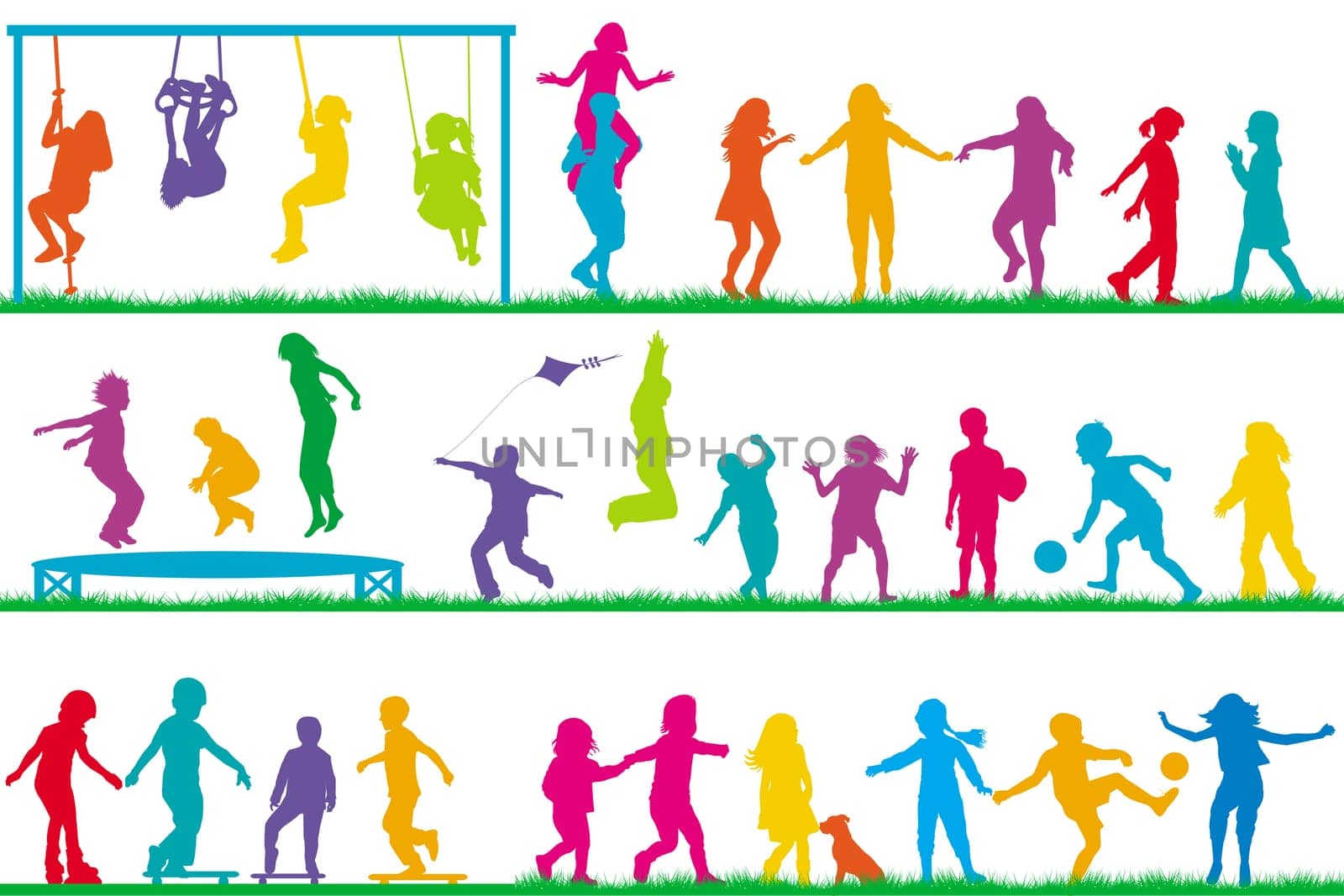 Colored silhouettes of kids playing outdoor