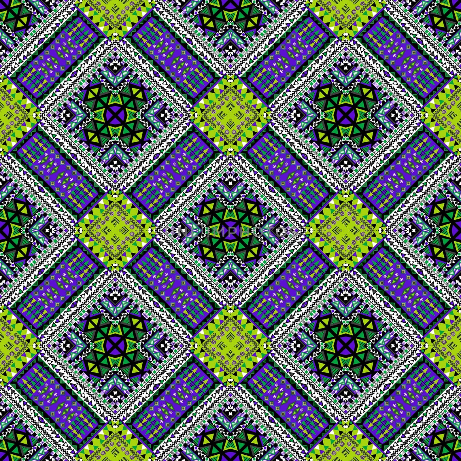 Geometrical pattern in purple and green colors with traditional motifs