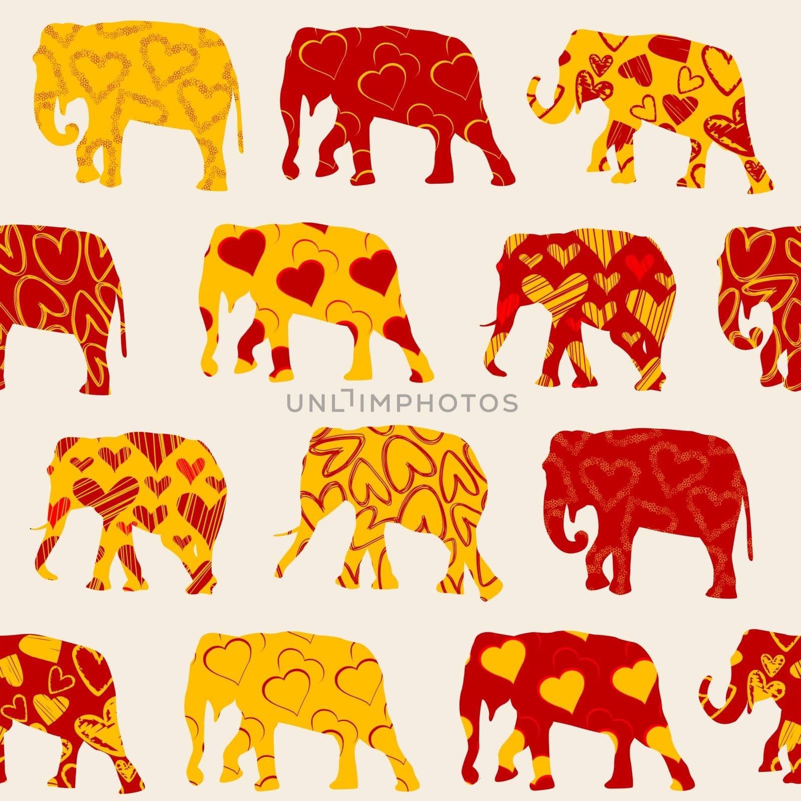 Seamless background with colorful elephants in various orange and yellow patterns