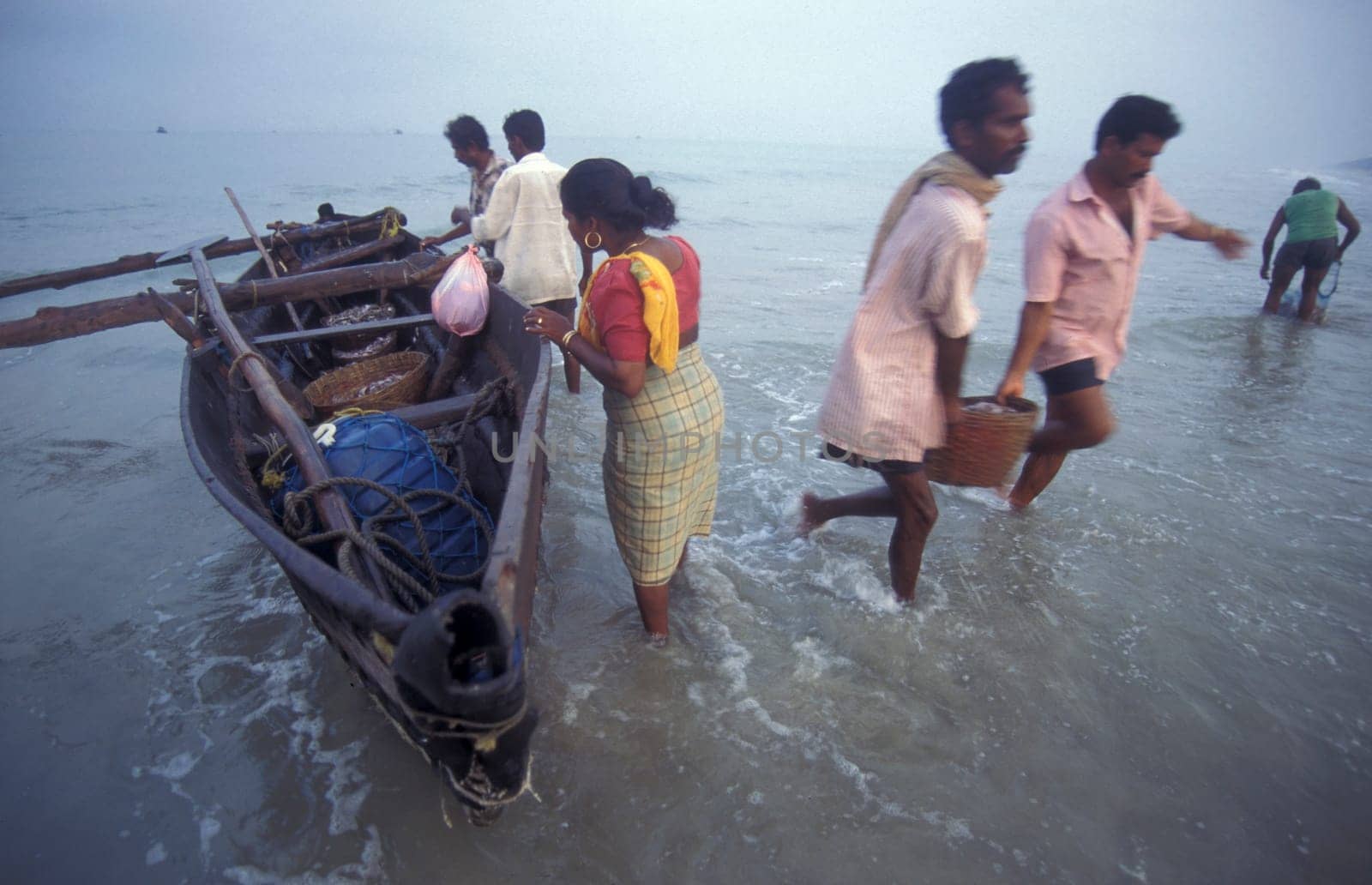 Fishing people sort out the fresh Fish and sale it at a Beach of a Fishing Village on the Coast at the Town of Colva in the Province of Goa in India,  India, Goa, April, 1996
