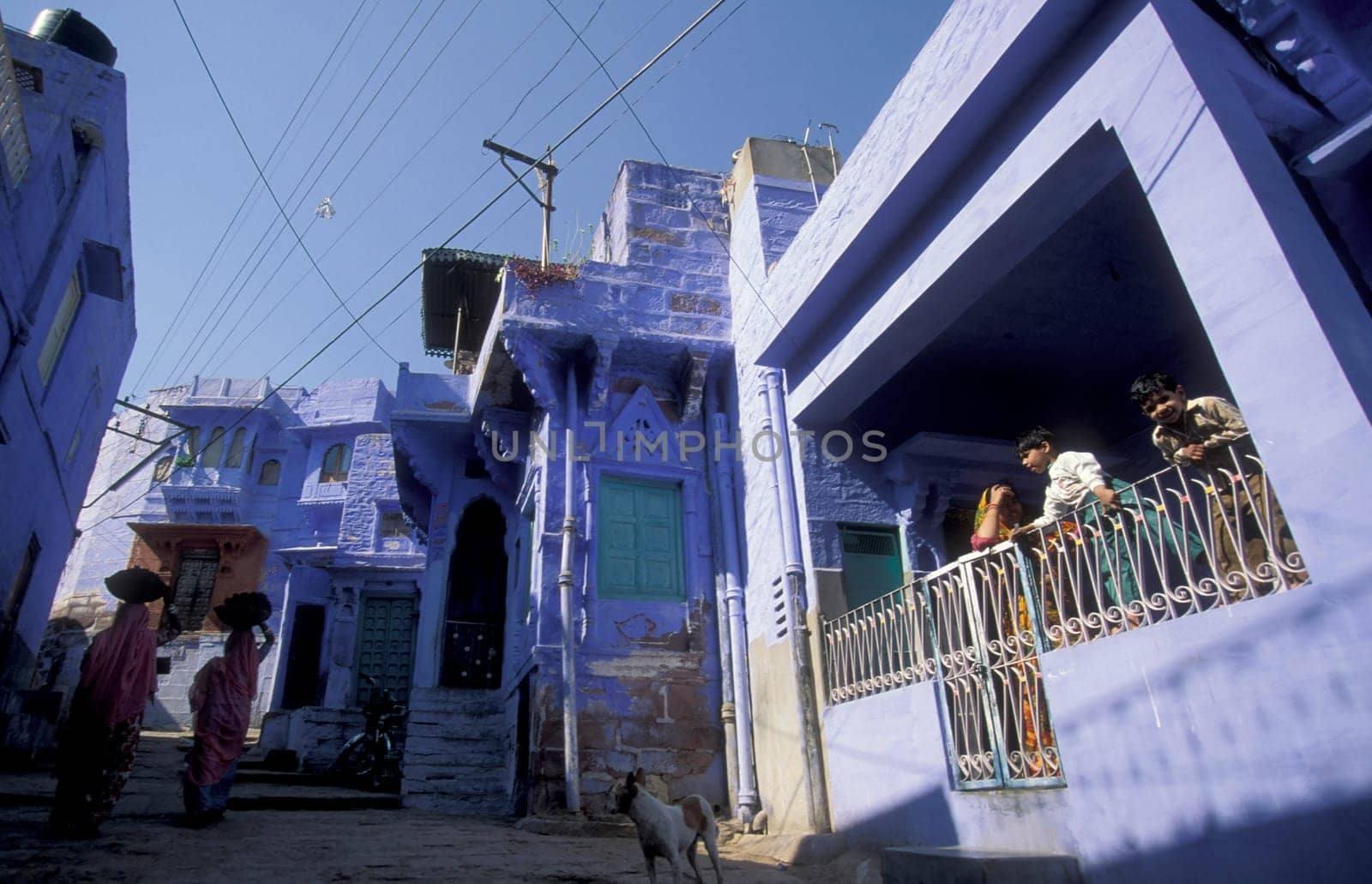 a blue painted living House in the Blue City and Town of Jodhpur in the Province of Rajasthan in India.  India, Jodhpur, January, 1998