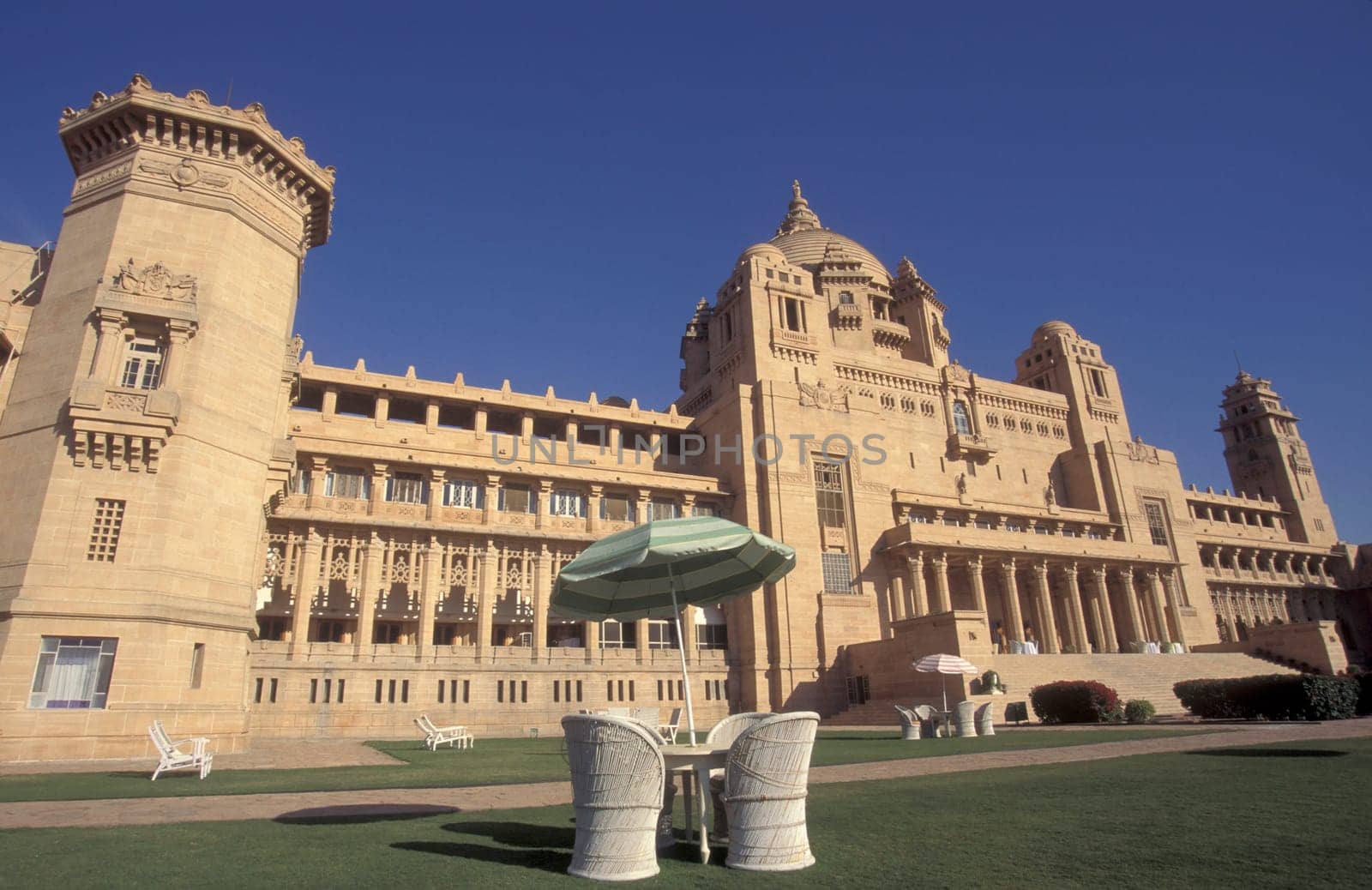 the Taj Umaid Bhawan Palace Hotel in the Town of Jodhpur in the Province of Rajasthan in India.  India, Jodhpur, January, 1998