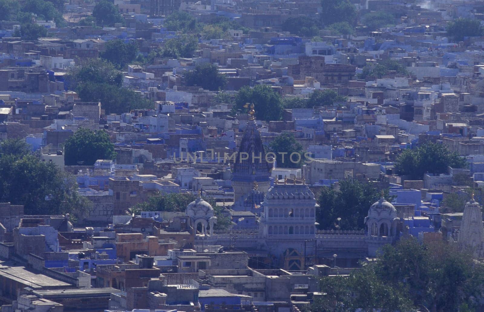 a view with living Houses in the Blue City and Town of Jodhpur in the Province of Rajasthan in India.  India, Jodhpur, January, 1998