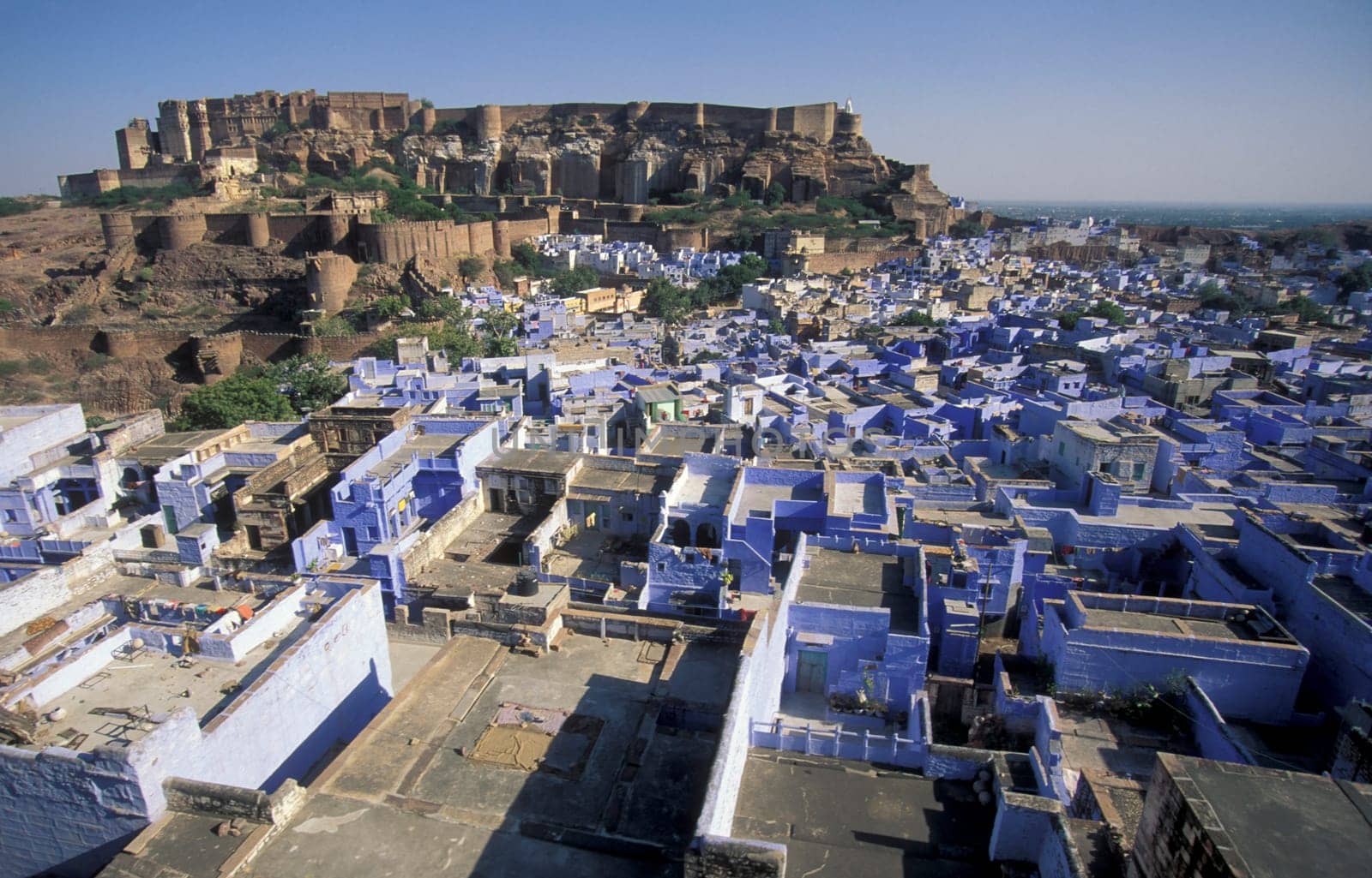 a view of the Meherangarh in the Town and Blue City of Jodhpur in the Province of Rajasthan in India.  India, Jodhpur, January, 1998