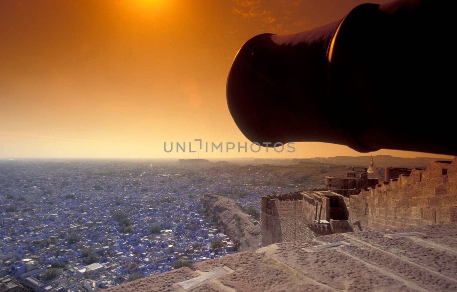 a view from the Meherangarh to the Town and Blue City of Jodhpur in the Province of Rajasthan in India.  India, Jodhpur, January, 1998