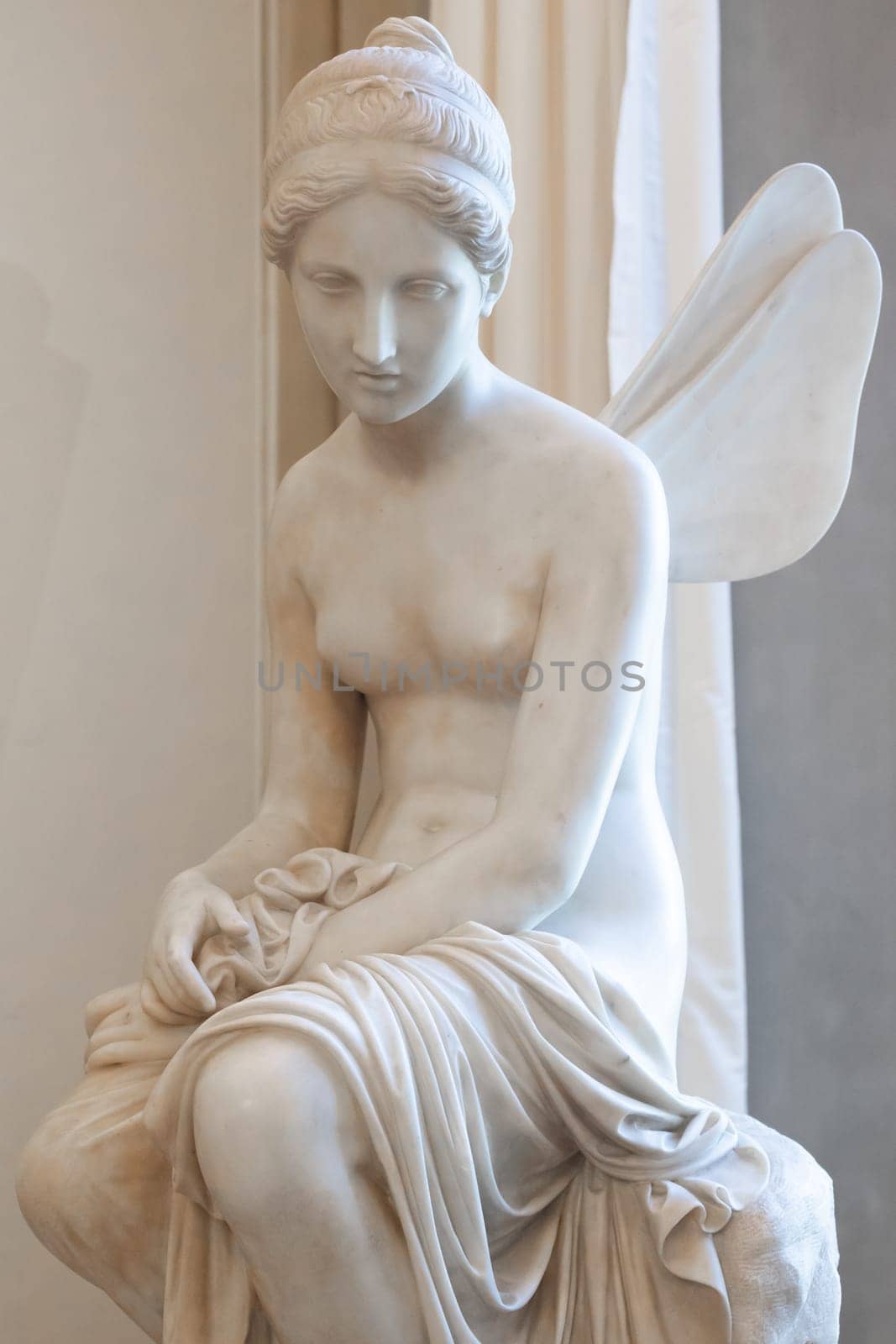Florence, Italy: 28 December 2023. Psyche Abandoned by Pietro Tenerani, 1819, Carrara marble - the moment when Psyche loses Cupid