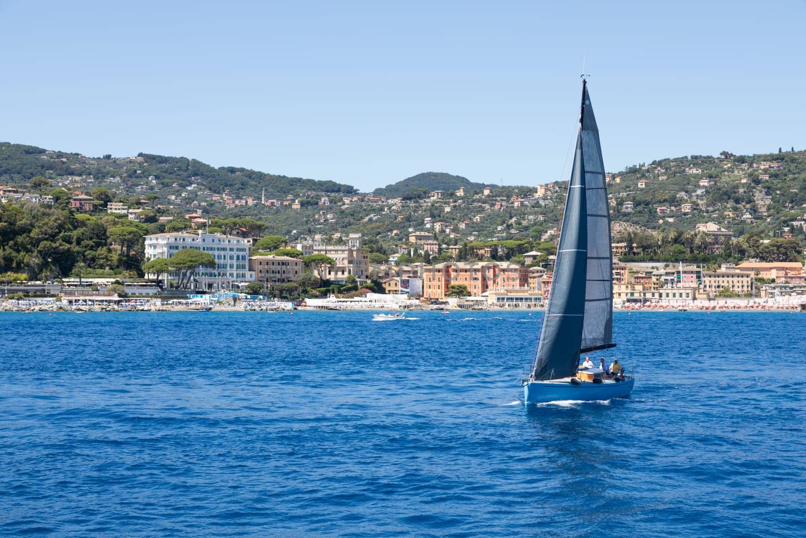 Liguria, Italy - 07 August 2023: the coastline between Rapallo and Santa Margherita Ligure, Ligurian riviera.