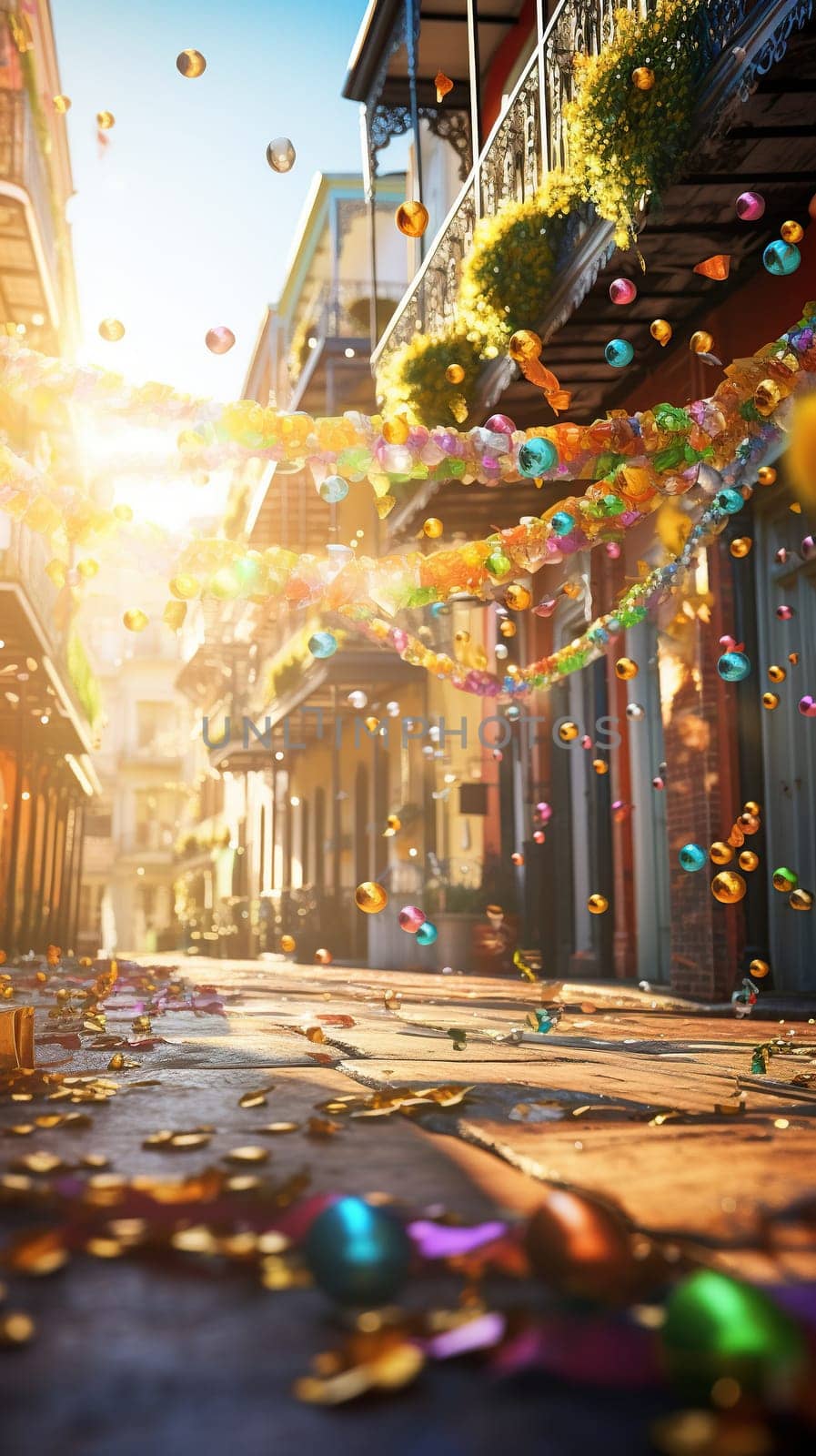 Confetti and Mardi Gras carnival decorations city street festival background. AI Generated content