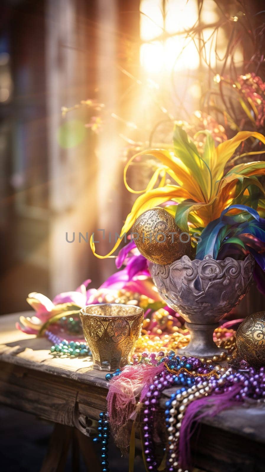 Confetti and Mardi Gras carnival decorations city street festival background. AI Generated content