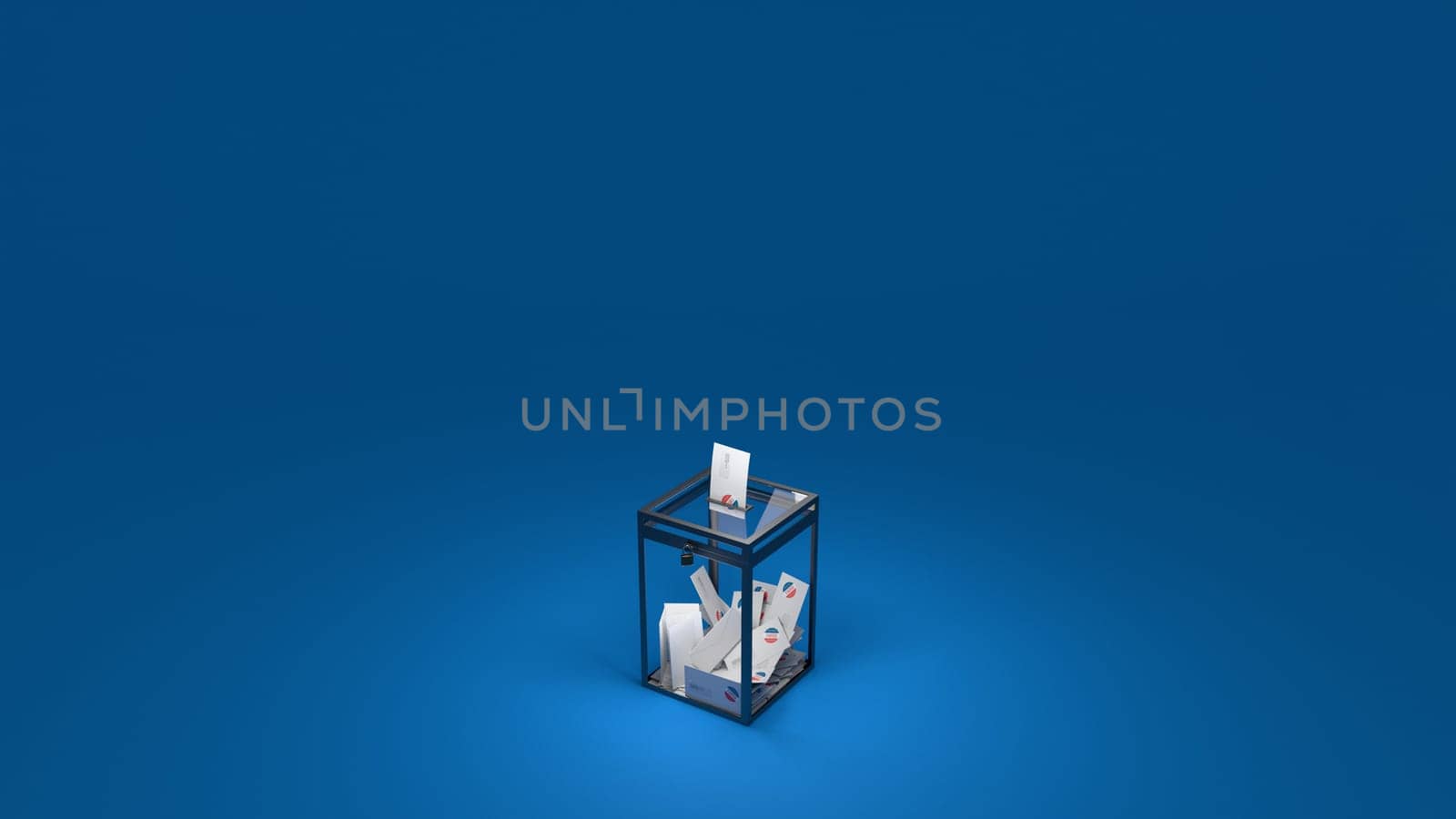 Balllot box with vote envelope on blue background. Ample negative space. Digital 3D render.