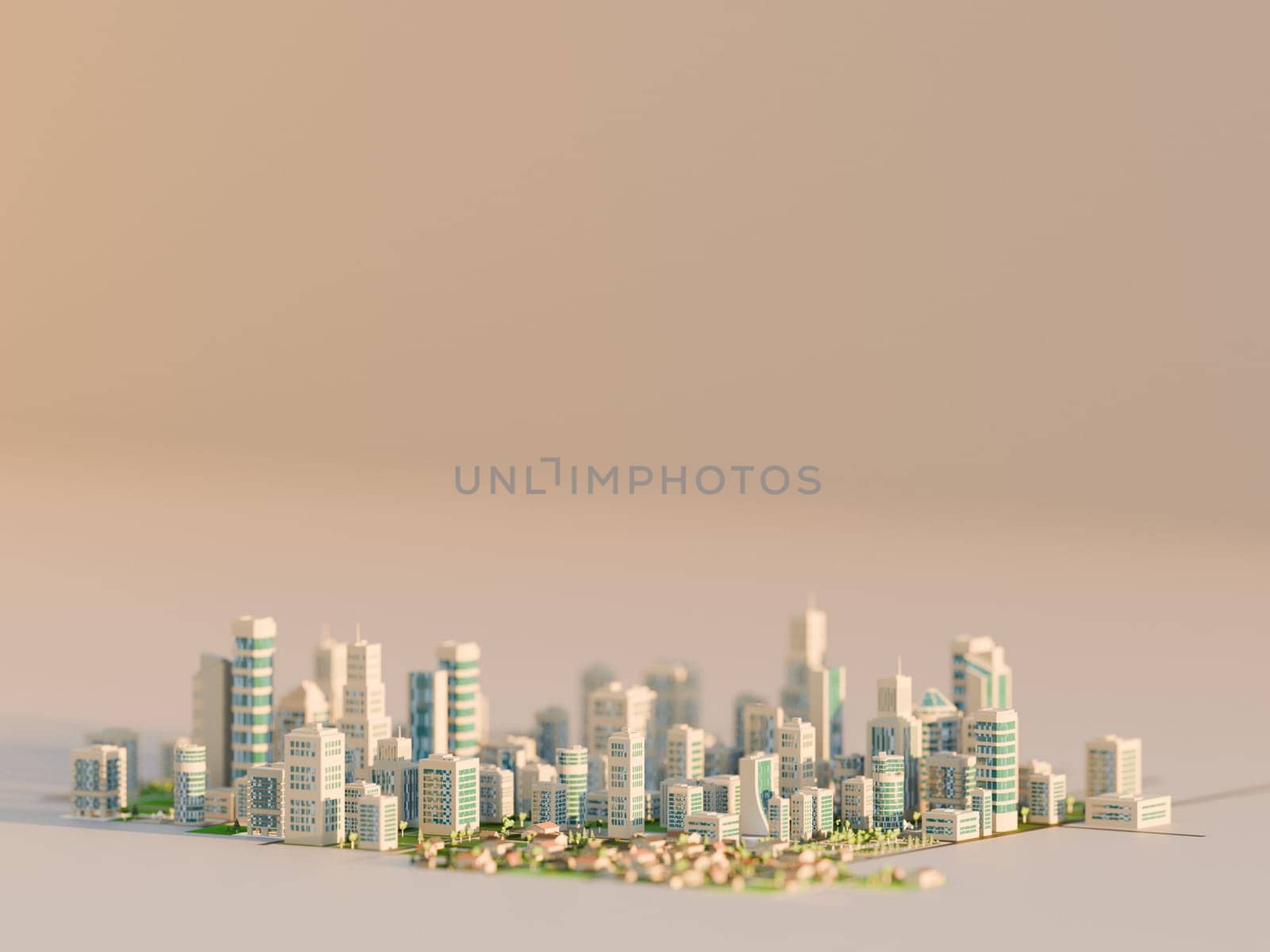 Clean, modern city skyline with ample negative space. Digital 3D render.