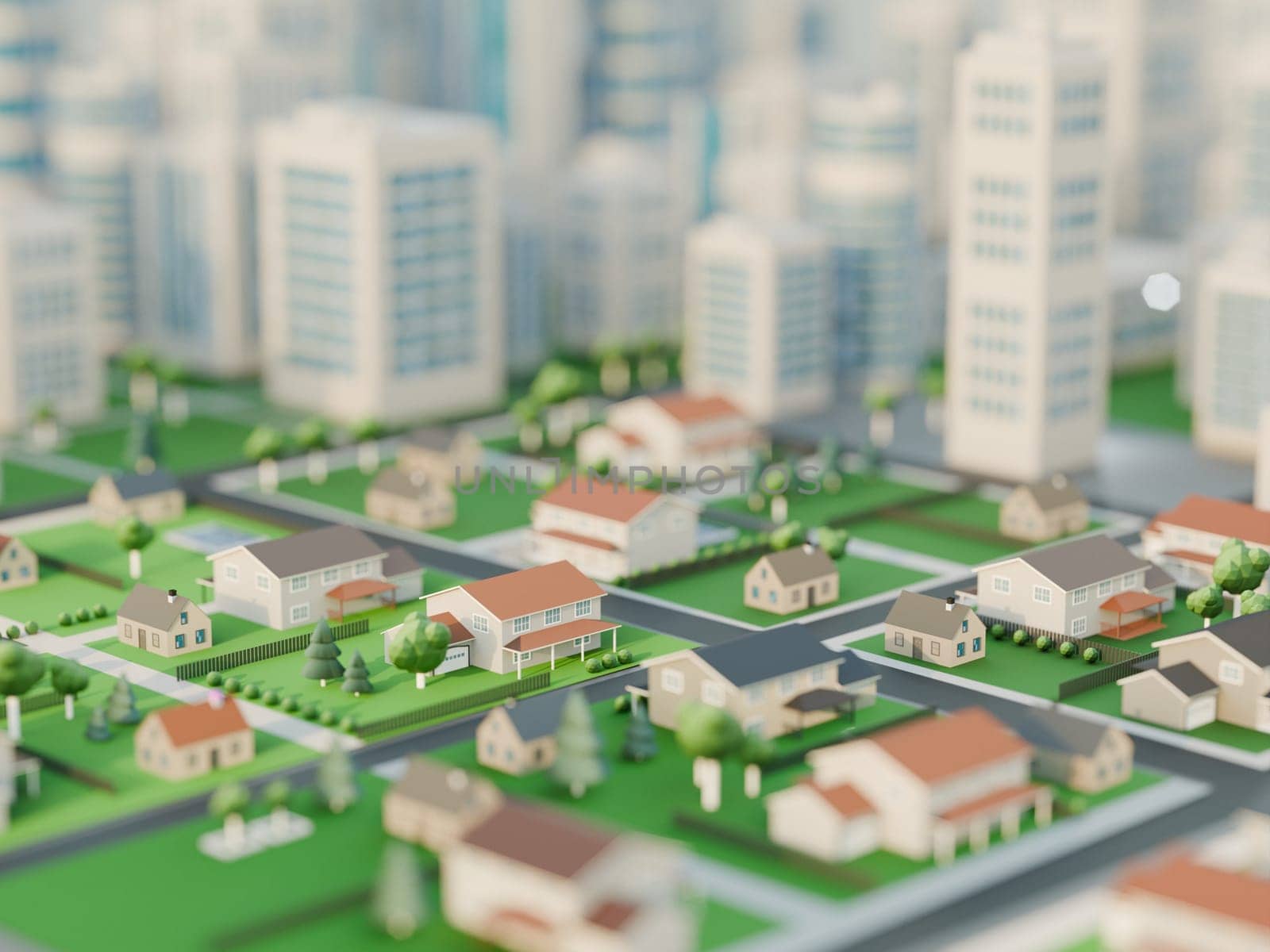 Modern, clean residential neighborhood on a sunny day. Digital 3D render.