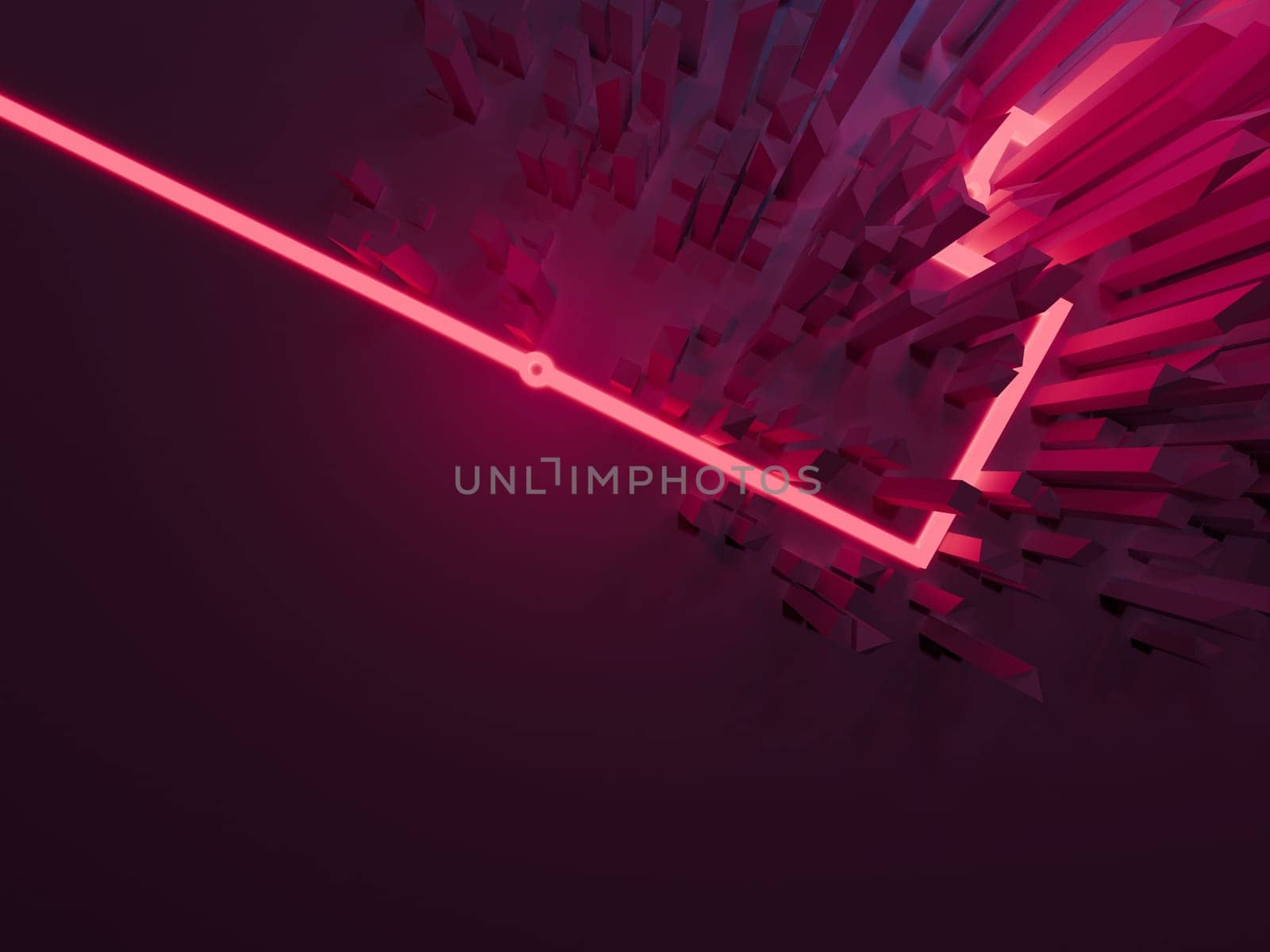 Abstract city with neon glowing lights. Cyberpunk, synthwave aesthetic. Digital 3D render.
