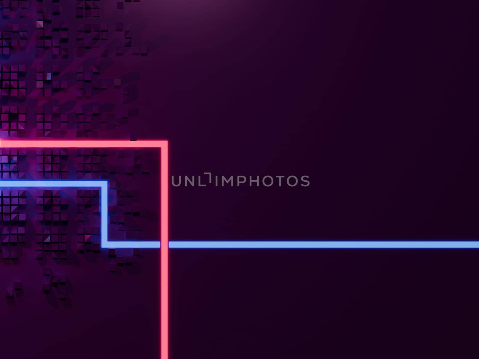 Abstract city with neon glowing lights. Cyberpunk, synthwave aesthetic. Digital 3D render.
