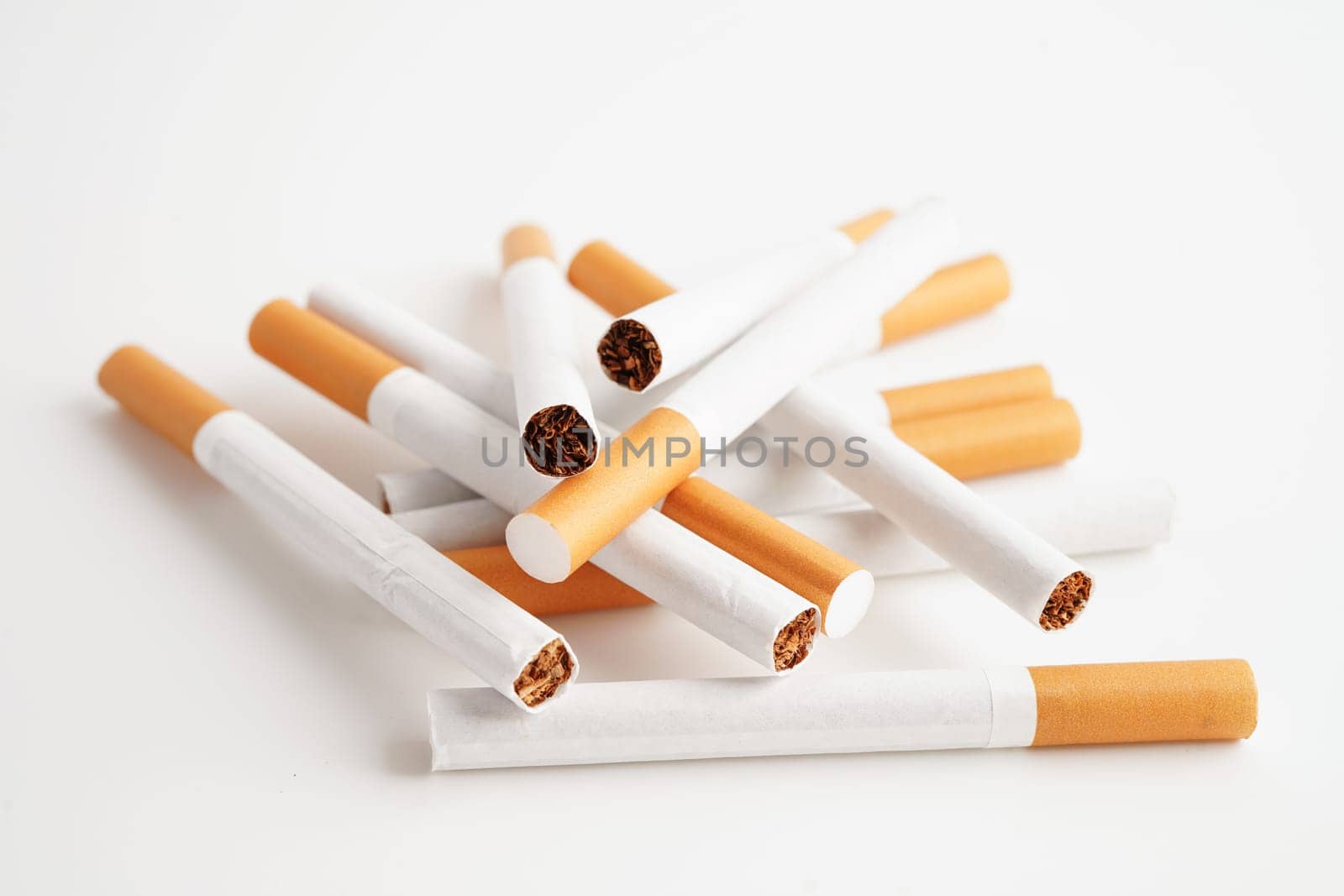 Cigarette, roll tobacco in paper with filter tube, No smoking concept.