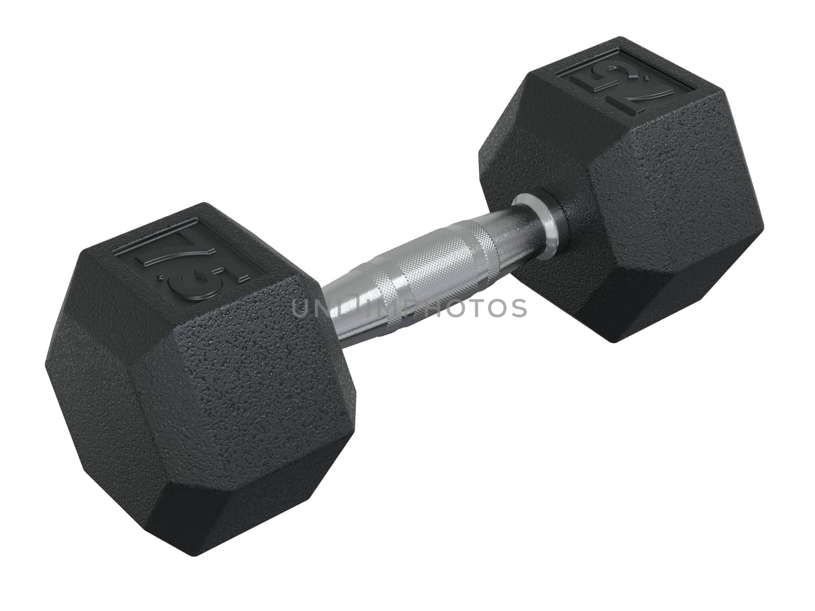 Hex Dumbbell with numbers 7.5, weightlifting gym equipment, side view, isolated on white background. 3D illustration