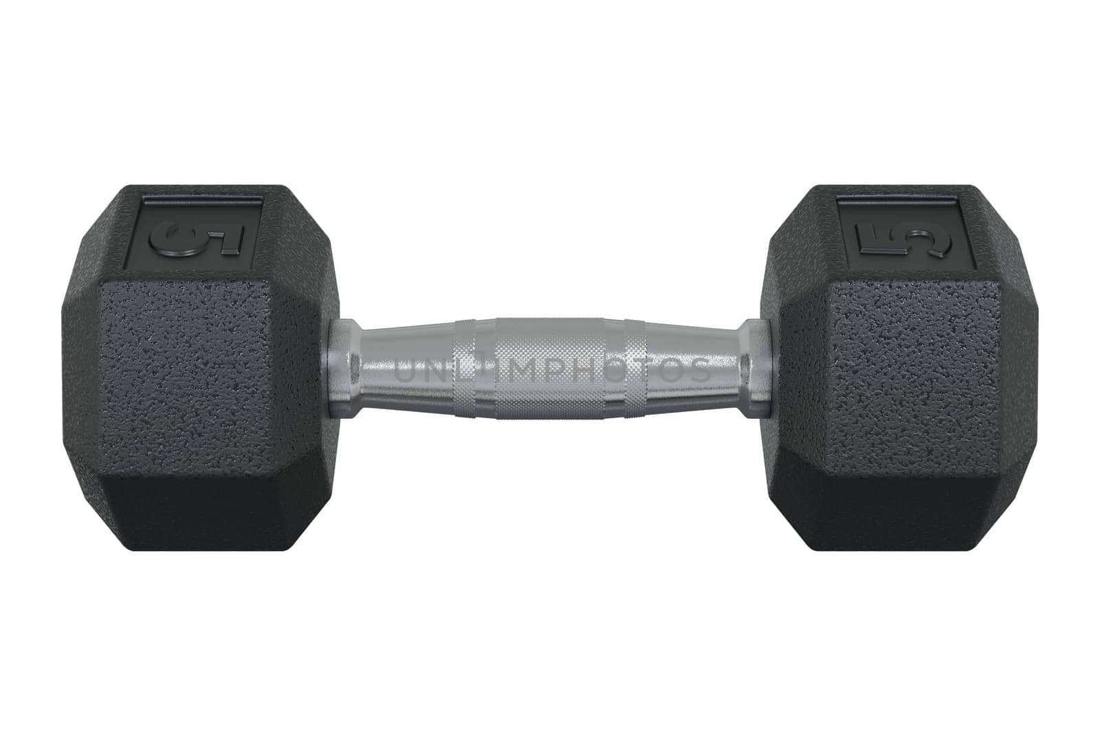 Hex Dumbbell with number 5, weightlifting gym equipment, side view, isolated on white background. 3D illustration