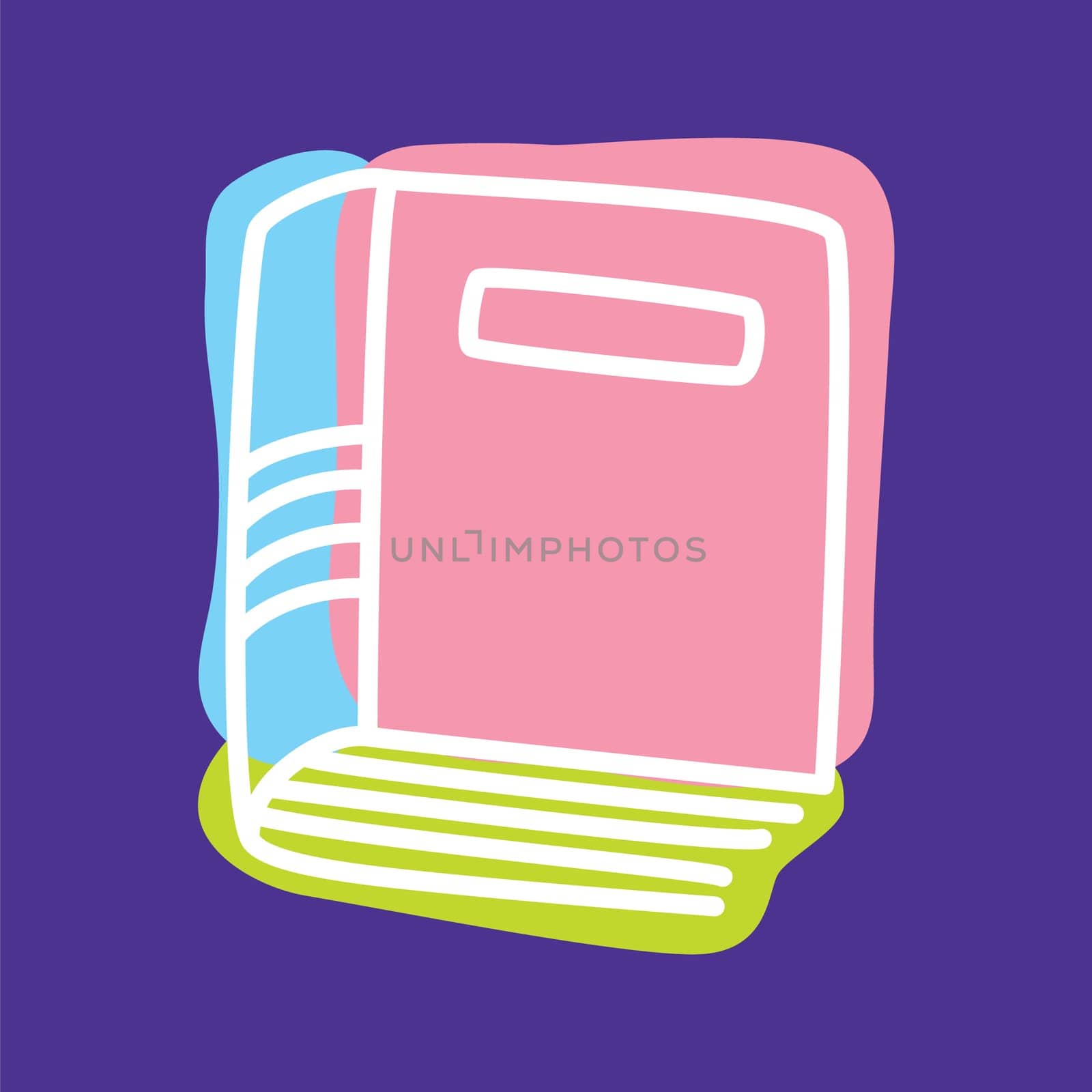 Doodle book icon handdrawn with thin line and colored with colorful blobs. Hardcover literature symbol isolated on white background. Vector illustration