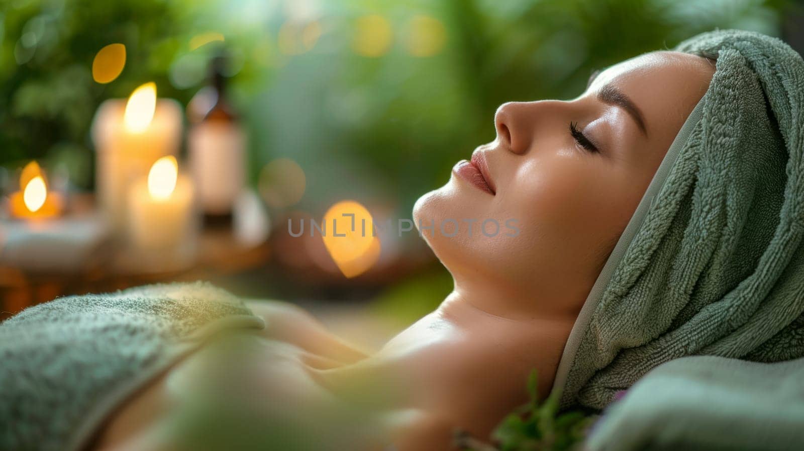 Young female client in a spa room surrounded by soothing elements - candles and essential oils