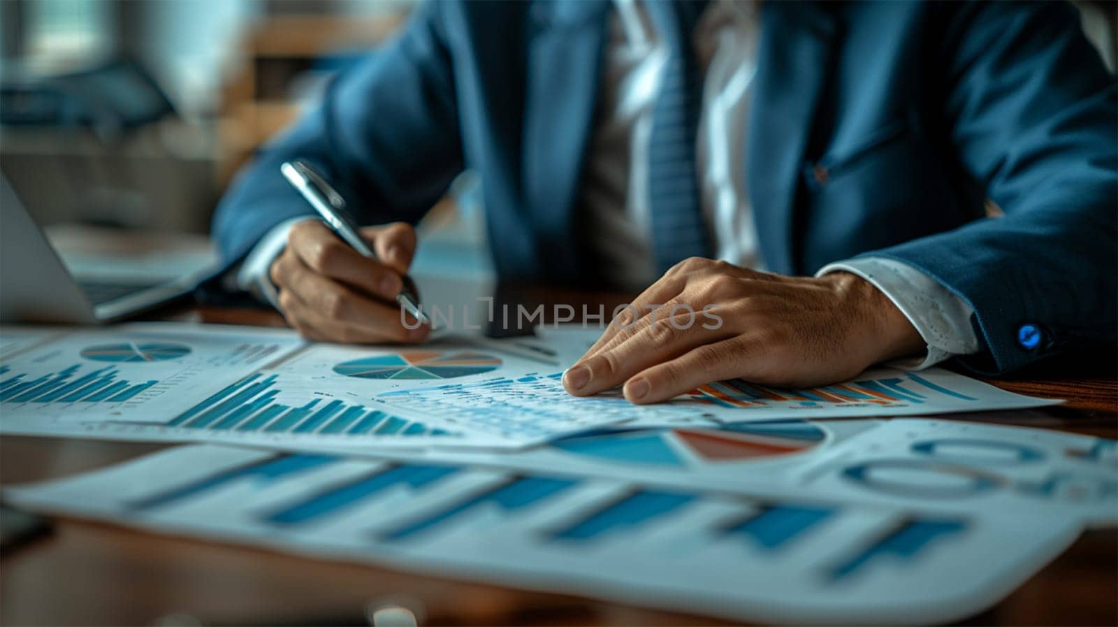 Businessman in suit analyzing financial reports with charts and graphs laid out on desk, data and strategy concept