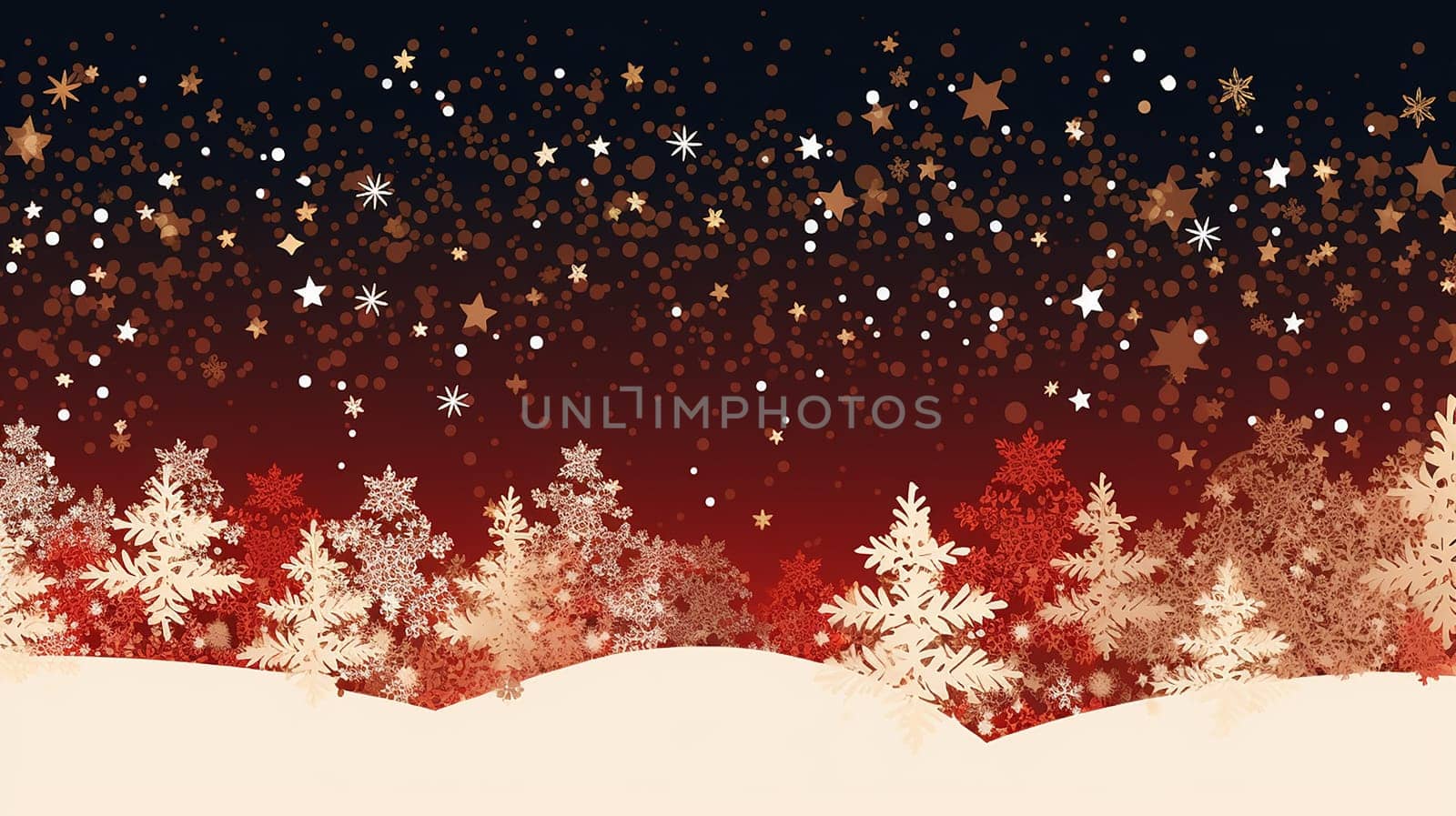 Winter scene with stylized trees in shades of red and white, with stars and snowflakes filling the night sky. card or background, copy space