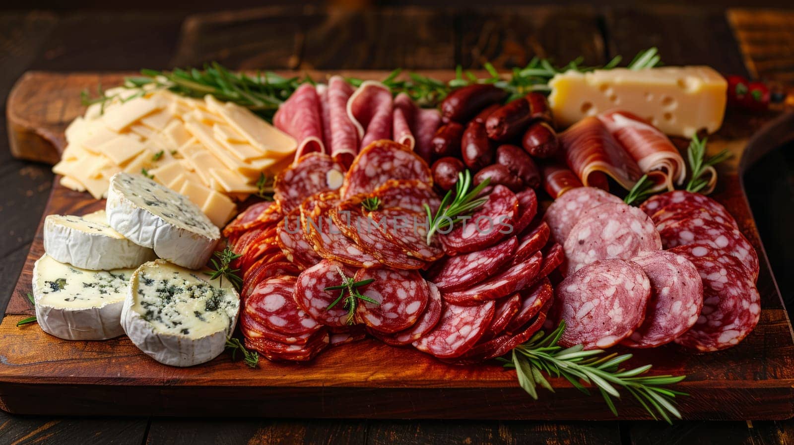 Top view of a meat plate with a selection of meats and cheeses on a wooden board. Gourmet appetizer platter