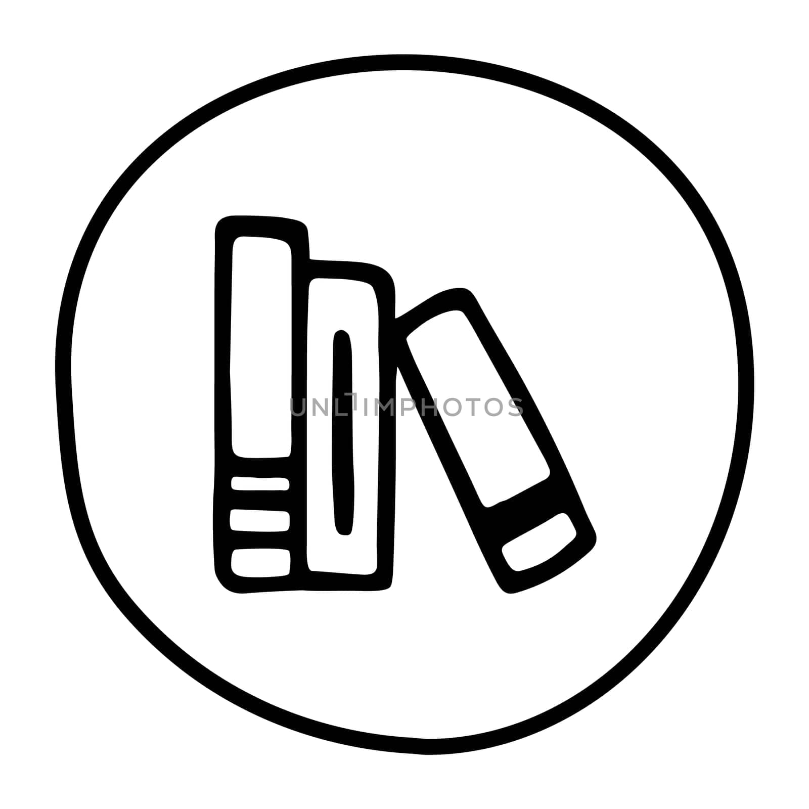 Doodle books shelf shelf icon handdrawn with ink pen. Knowledge and education symbol painted in grunge freehand style. Vector illustration isolated on white background