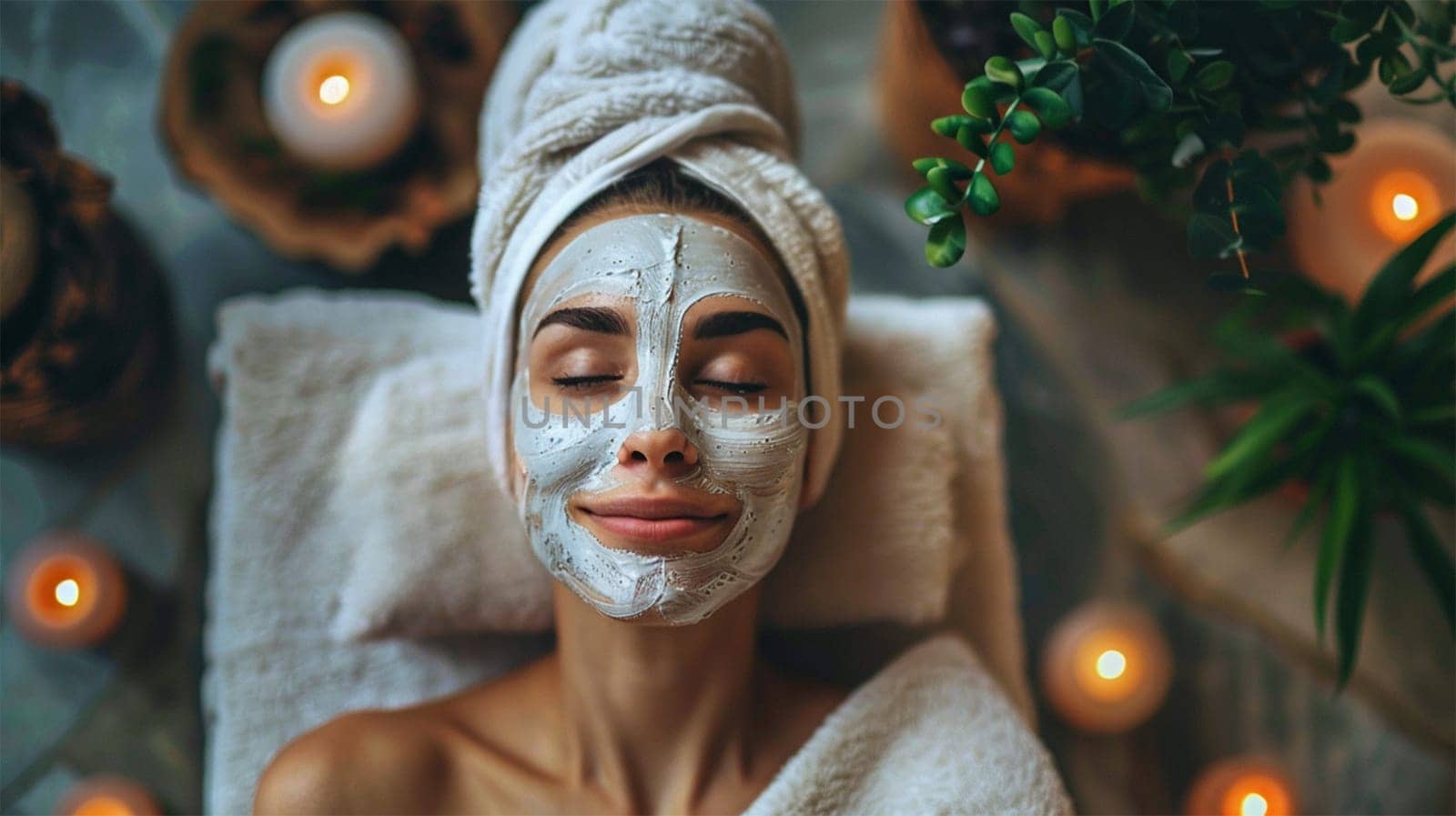 Serene image of woman with facial mask lying in spa setting surrounded by candles. Self-care and relaxation concept.