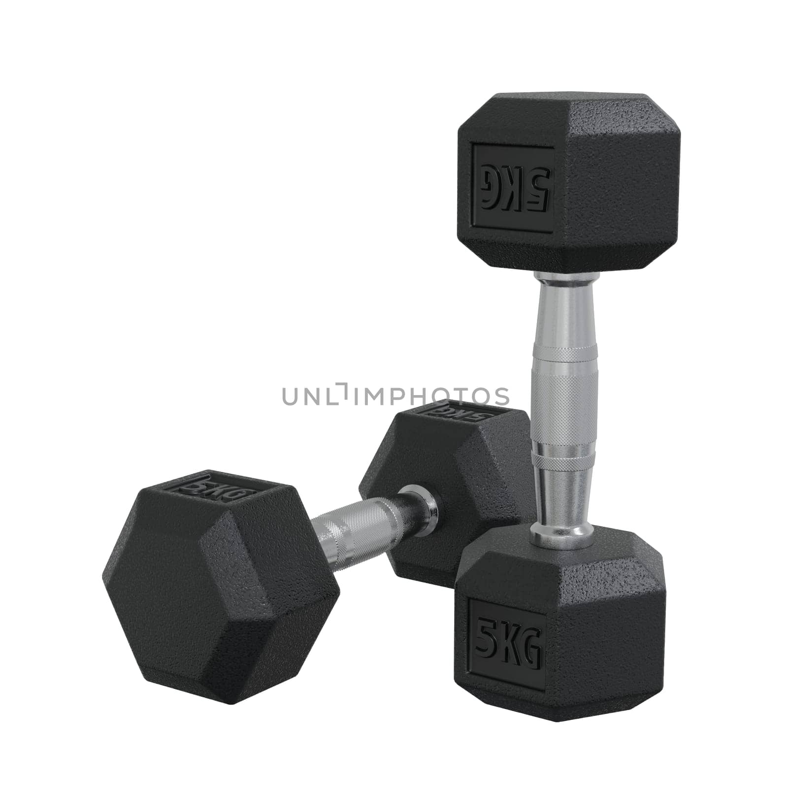 Two 5 kg Dumbbells, weightlifting gym equipment, isolated on white background. 3D illustration