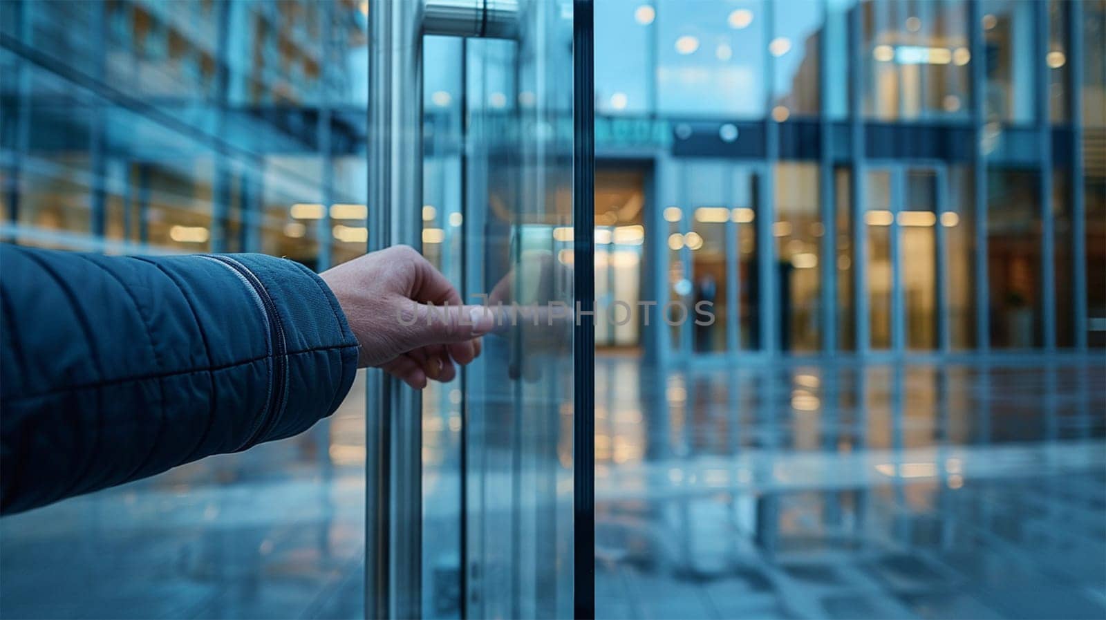 Hand in blue sleeve opening glass door leading to modern office building with reflective surfaces and soft blue lighting.