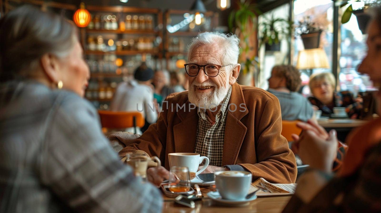 A group of elderly friends are having a warm conversation over coffee in a cozy cafe, with a smiling man in the center. The atmosphere is lively and welcoming.