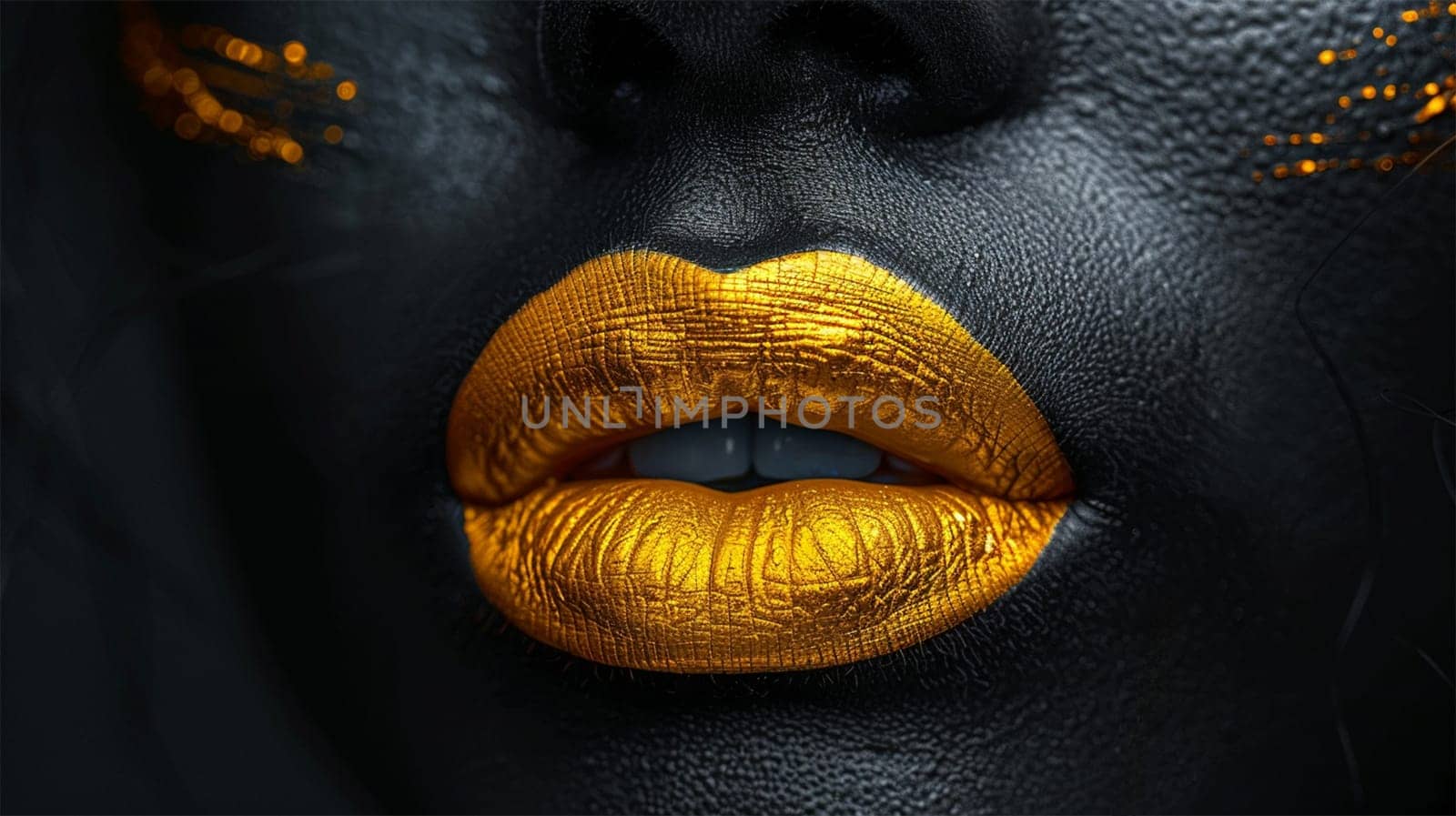 fashion portrait, Close-up of metallic gold lips on black textured skin, luxurious and intense visual contrast